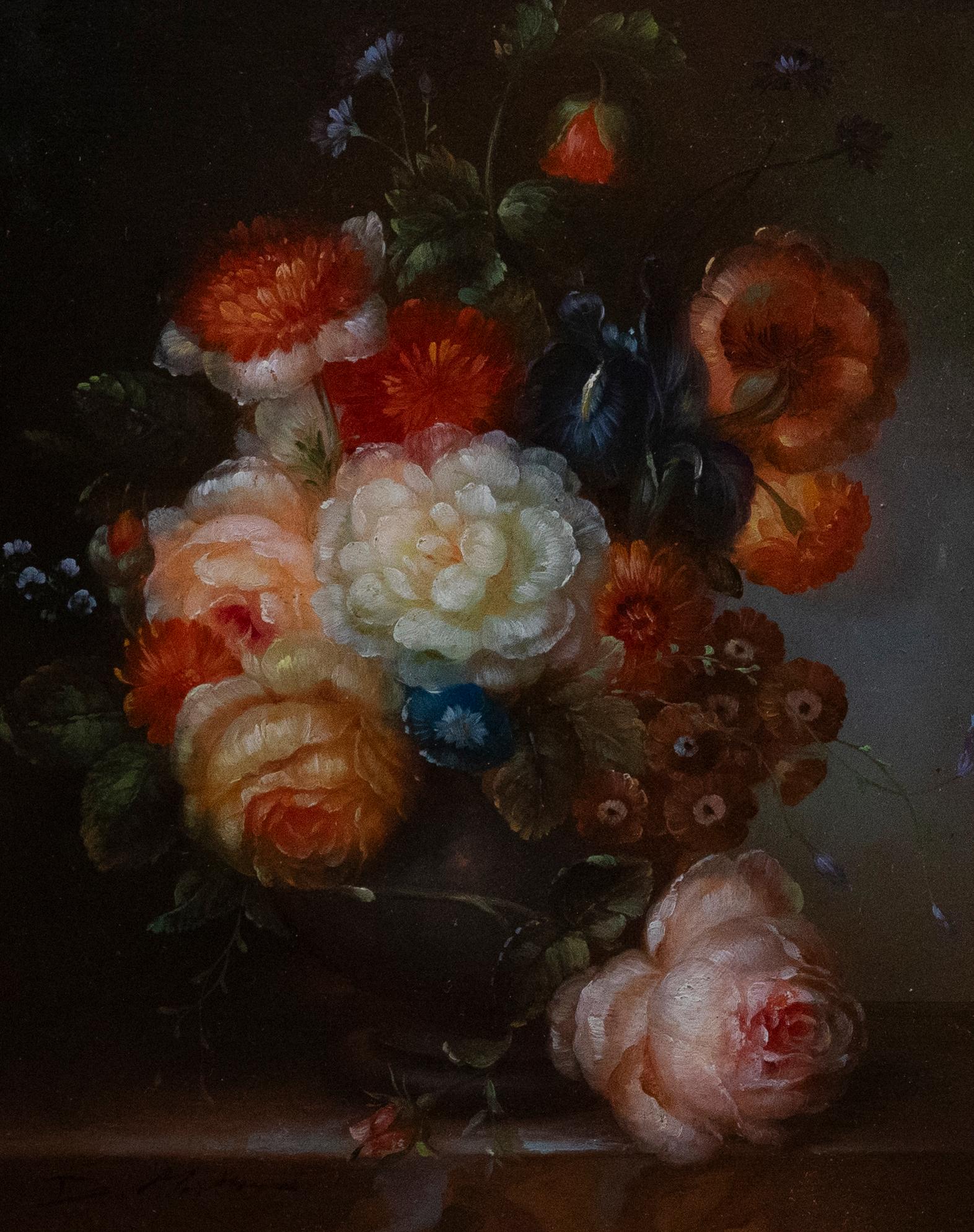 D. Marten - Framed 20th Century Oil, Still Life of Flowers in a Urn - Painting by Unknown