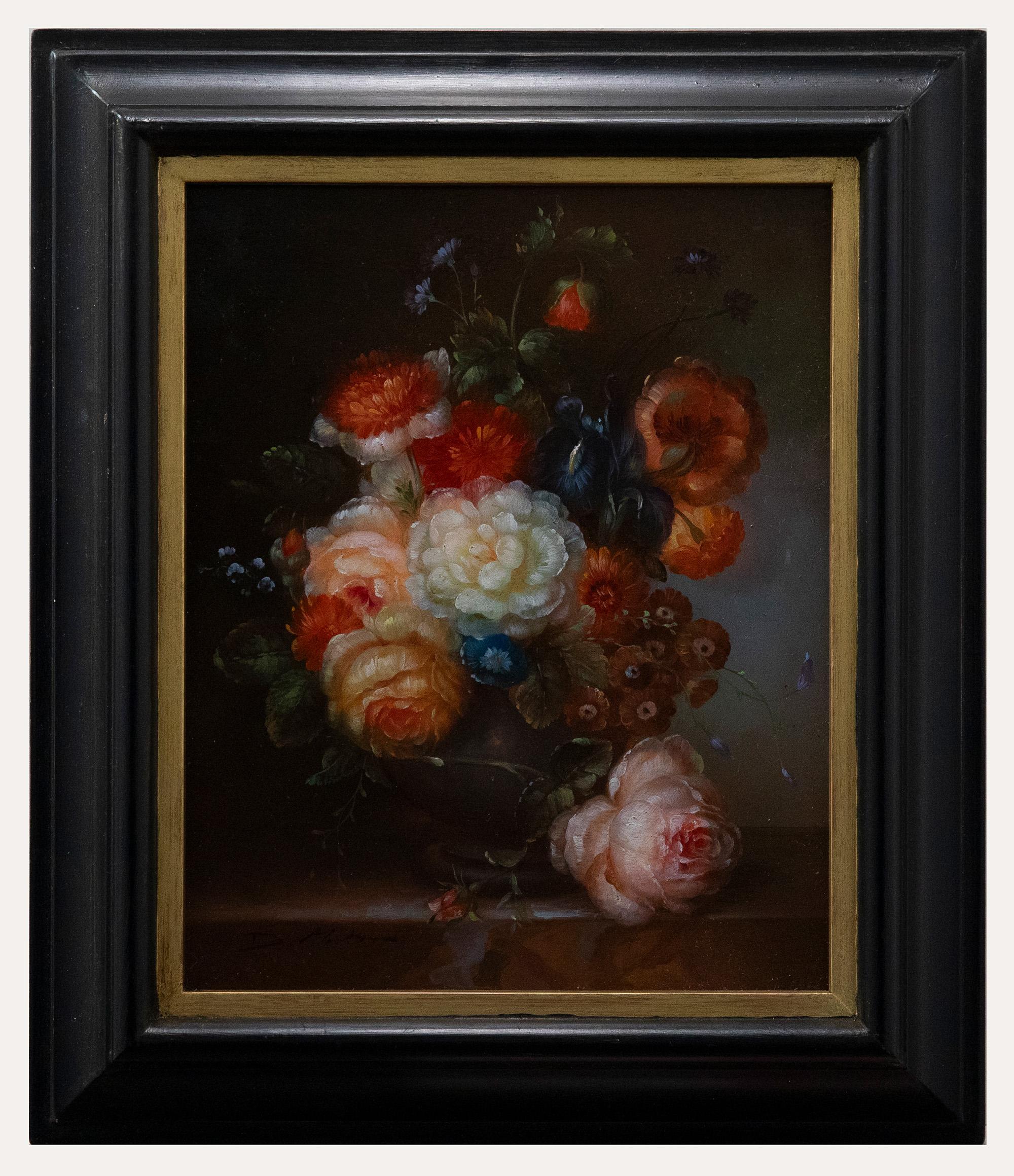 Unknown Still-Life Painting - D. Marten - Framed 20th Century Oil, Still Life of Flowers in a Urn
