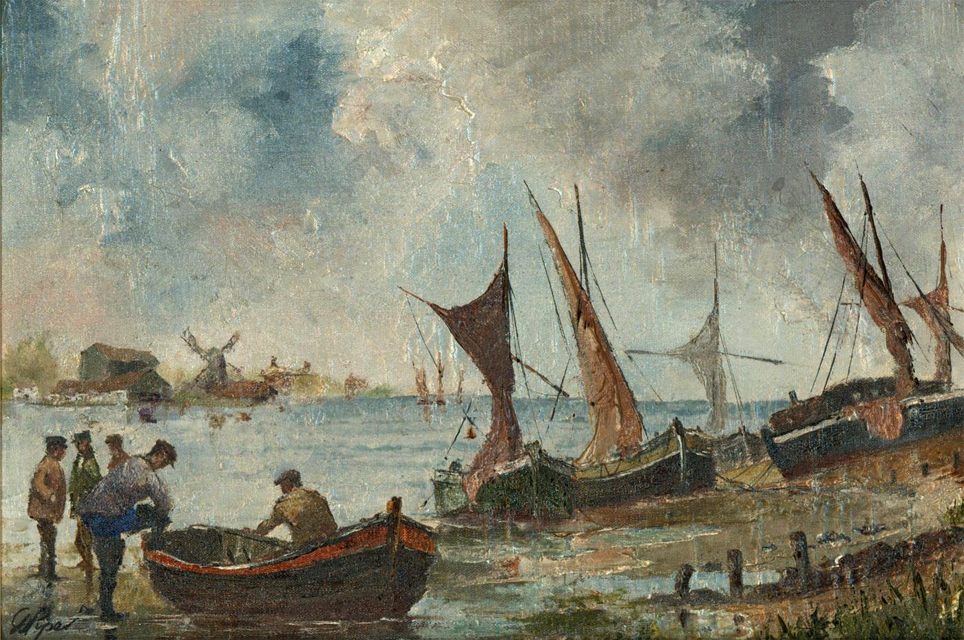 D. Piper - Contemporary Oil, Figures and Beached Vessels in a Seascape - Painting by Unknown
