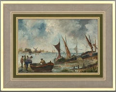 D. Piper - Peinture à l'huile contemporaine, figures et récipients de plage dans un paysage marin