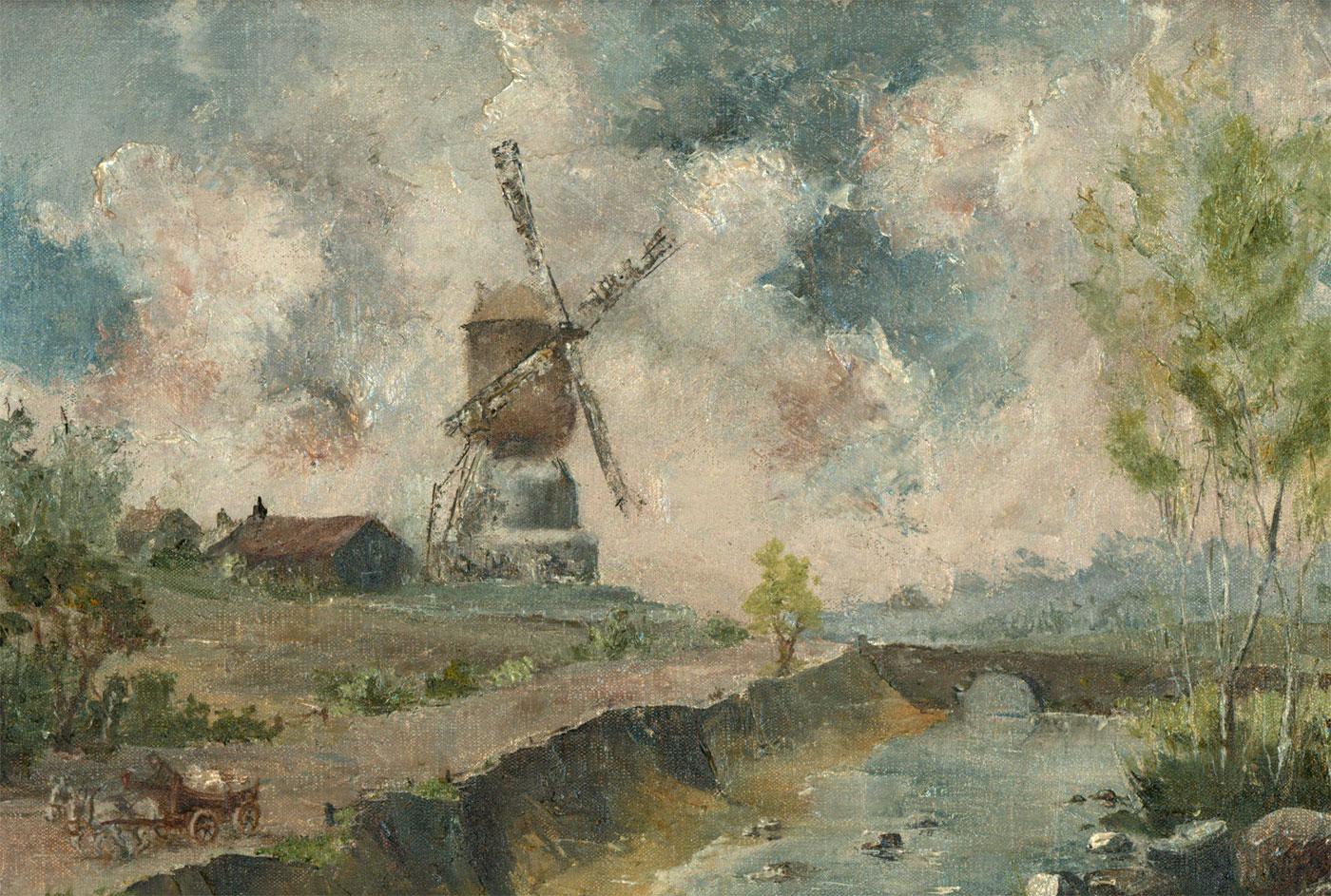 D. Piper - Contemporary Oil, Landscape with Windmill and Horse and Carriage - Painting by Unknown