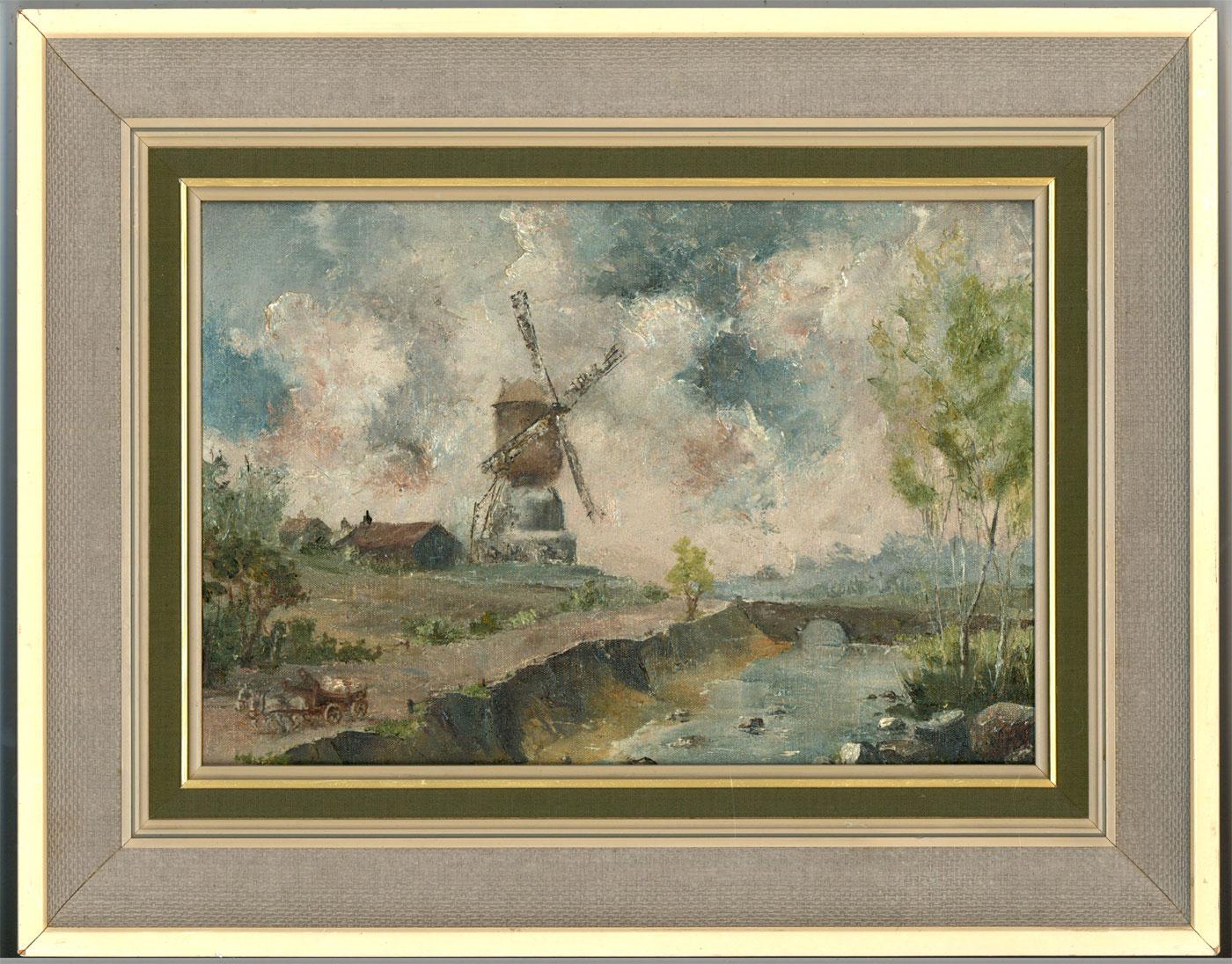 Unknown Landscape Painting - D. Piper - Contemporary Oil, Landscape with Windmill and Horse and Carriage