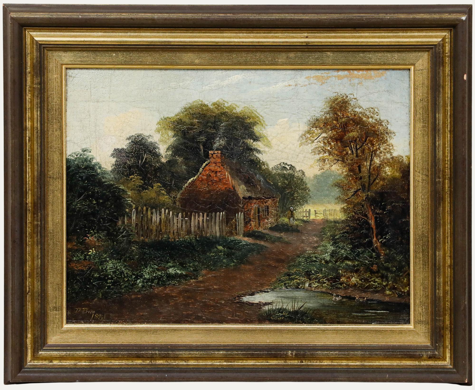 Unknown Landscape Painting - D. Price - Framed 1881 Oil, The Lane to the Cottage