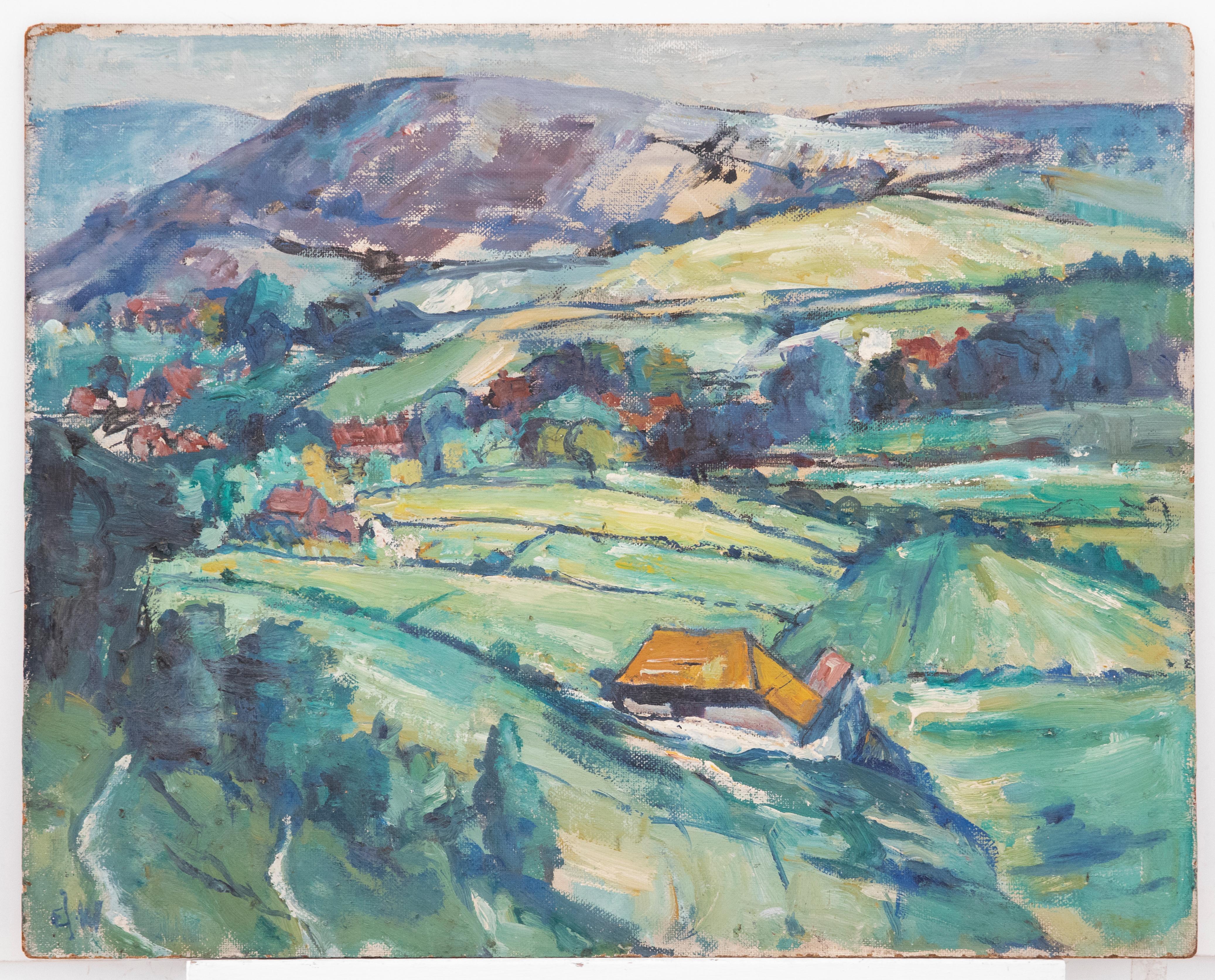 D. W - Modern British School 20th Century Oil, Green Pastures (Pâturages verts) - Painting de Unknown