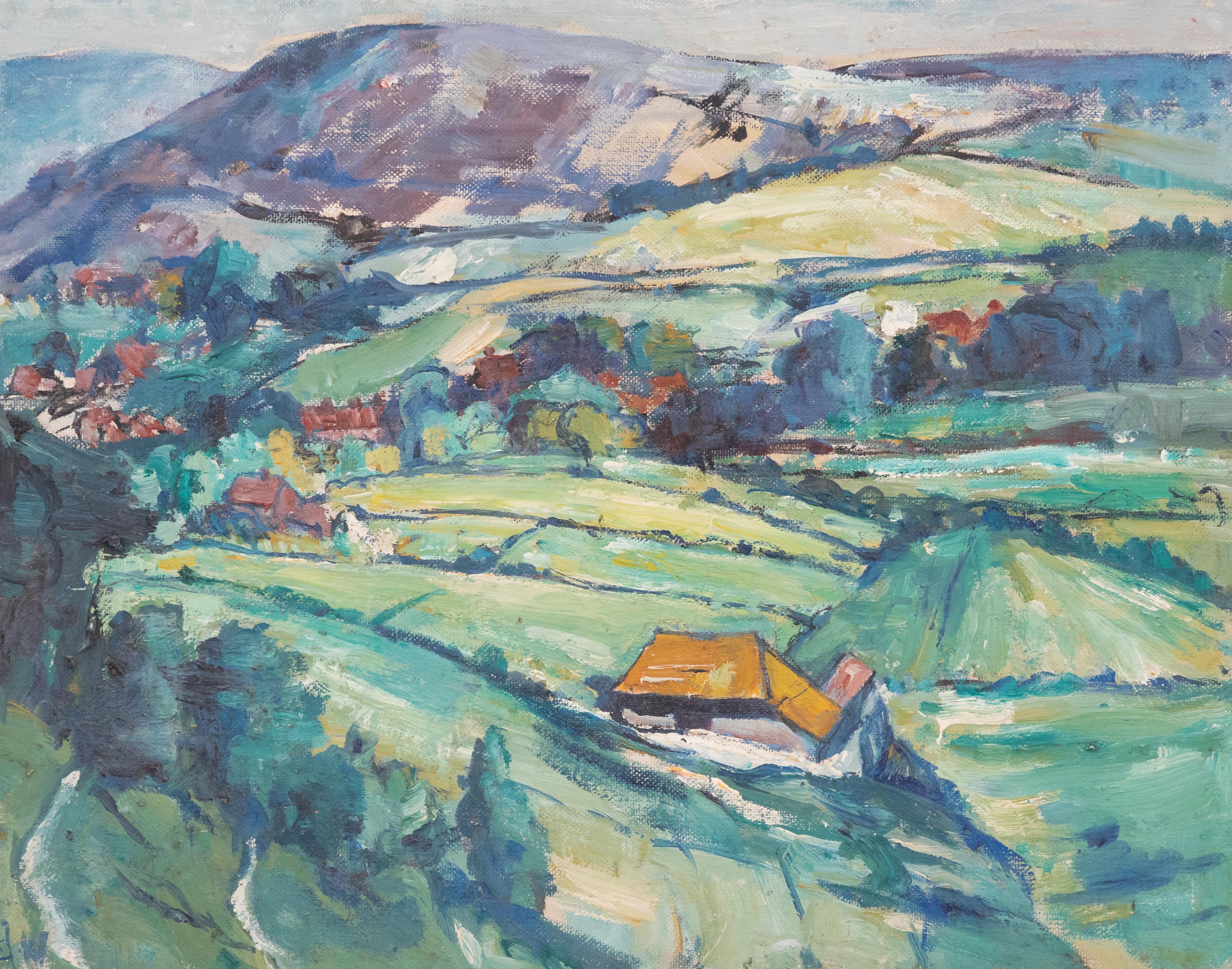 Landscape Painting Unknown - D. W - Modern British School 20th Century Oil, Green Pastures (Pâturages verts)