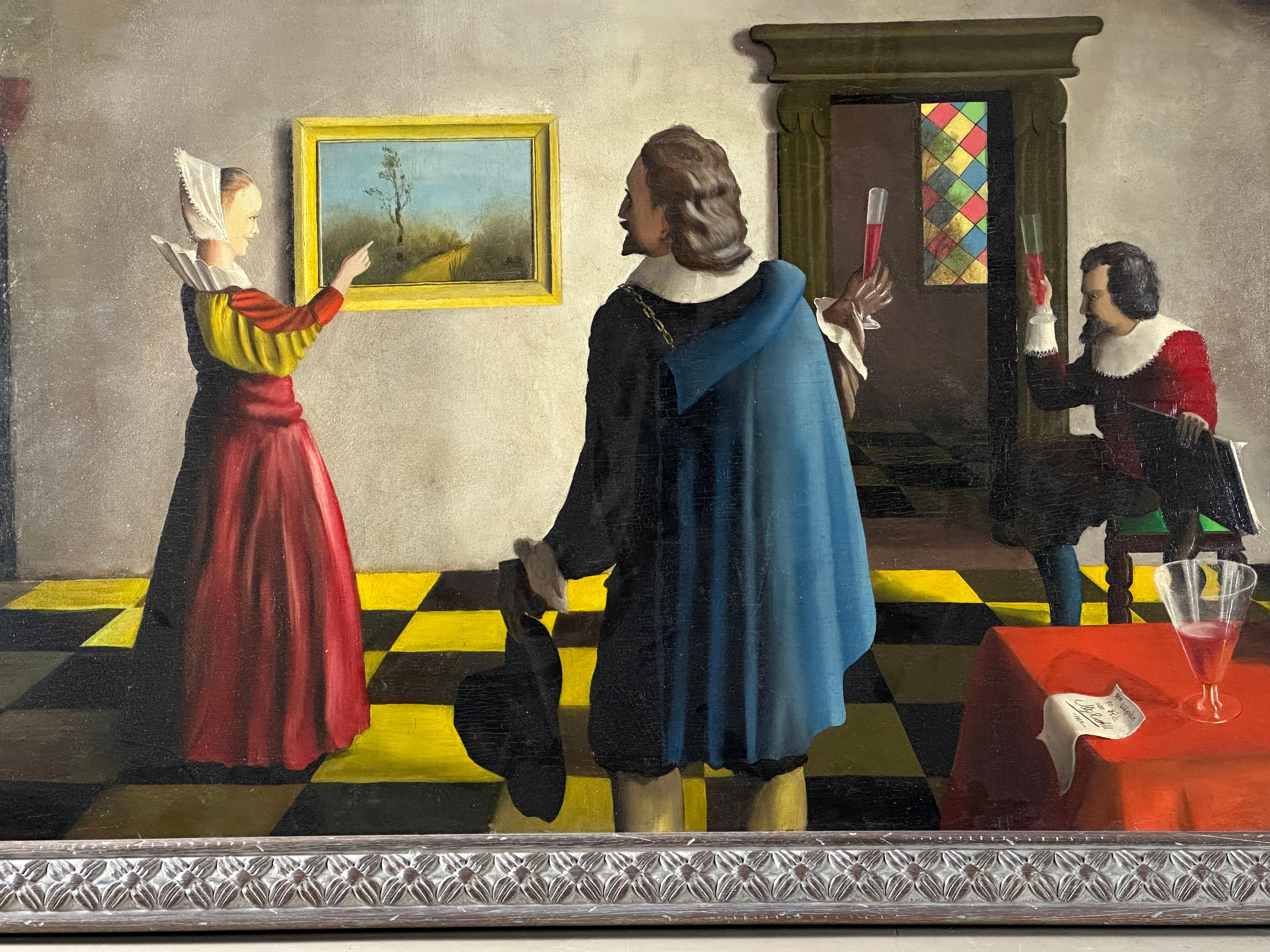 Daily Life-Szene im Vermeer-Stil des 17. Jahrhunderts – niederländisches Ölgemälde auf Leinwand  (Flämische Schule), Painting, von Unknown