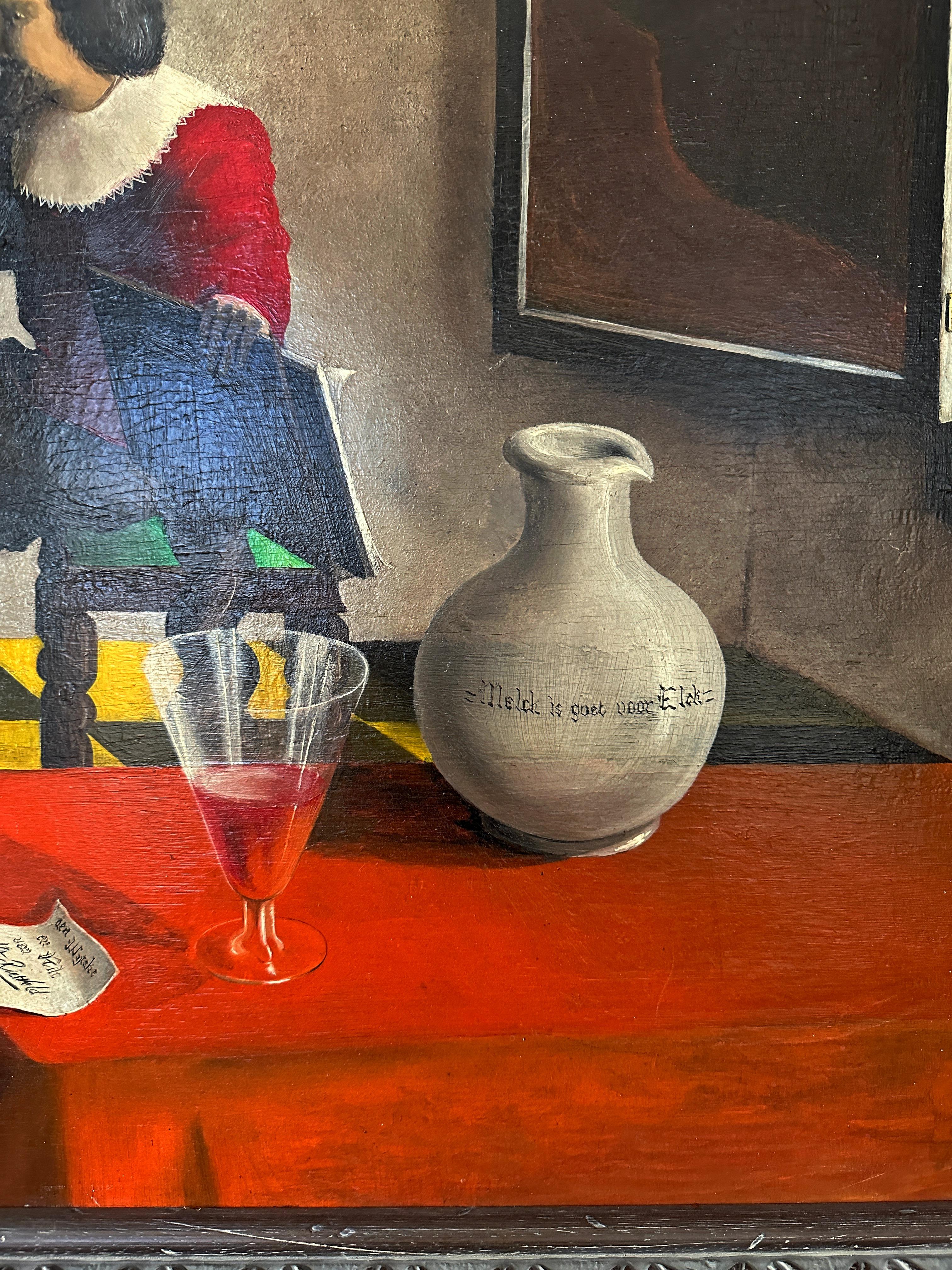 Escena de la vida cotidiana al estilo Vermeer del siglo XVII - Pintura al óleo holandesa sobre lienzo - Figurative Painting Negro de Unknown