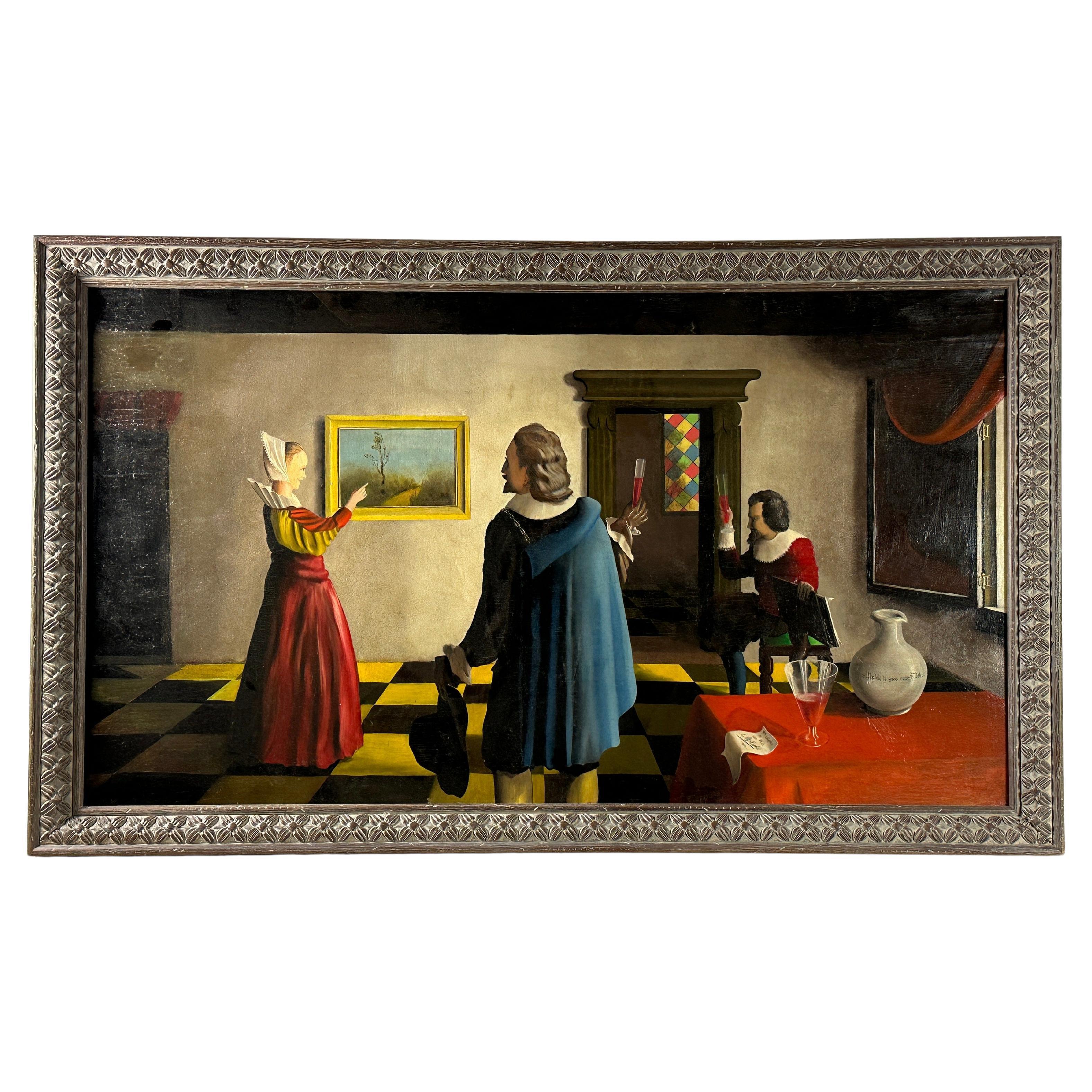 Unknown Figurative Painting - Daily Life Scene in a 17th Century Vermeer Style - Dutch Oil Painting on Canvas 