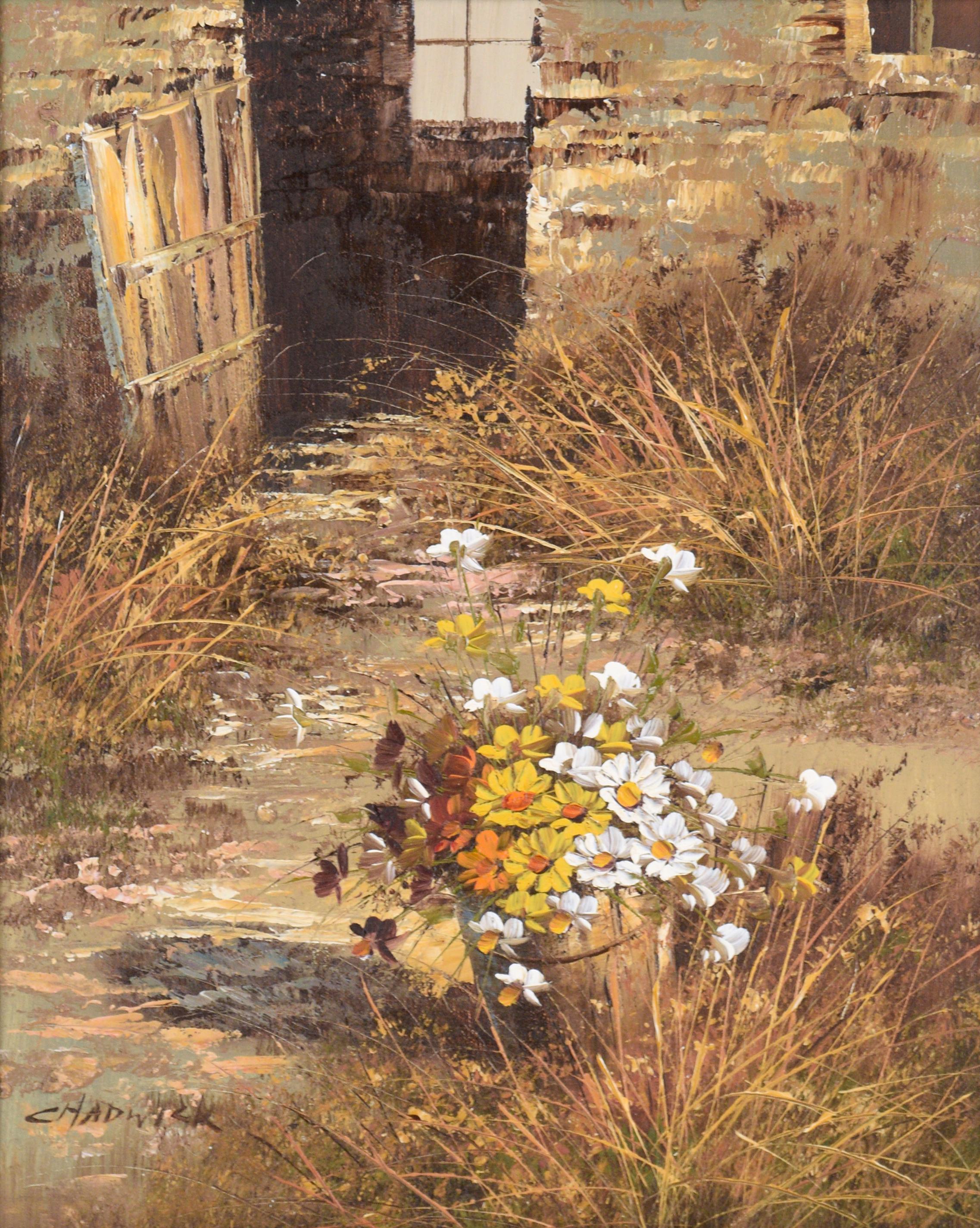 Margaritas junto a la puerta trasera - Paisaje agrícola con flores en óleo sobre lienzo - Painting de Unknown