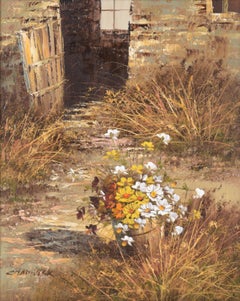 Daisies by the Back Door – Bauernhoflandschaft mit Blumen in Öl auf Leinwand