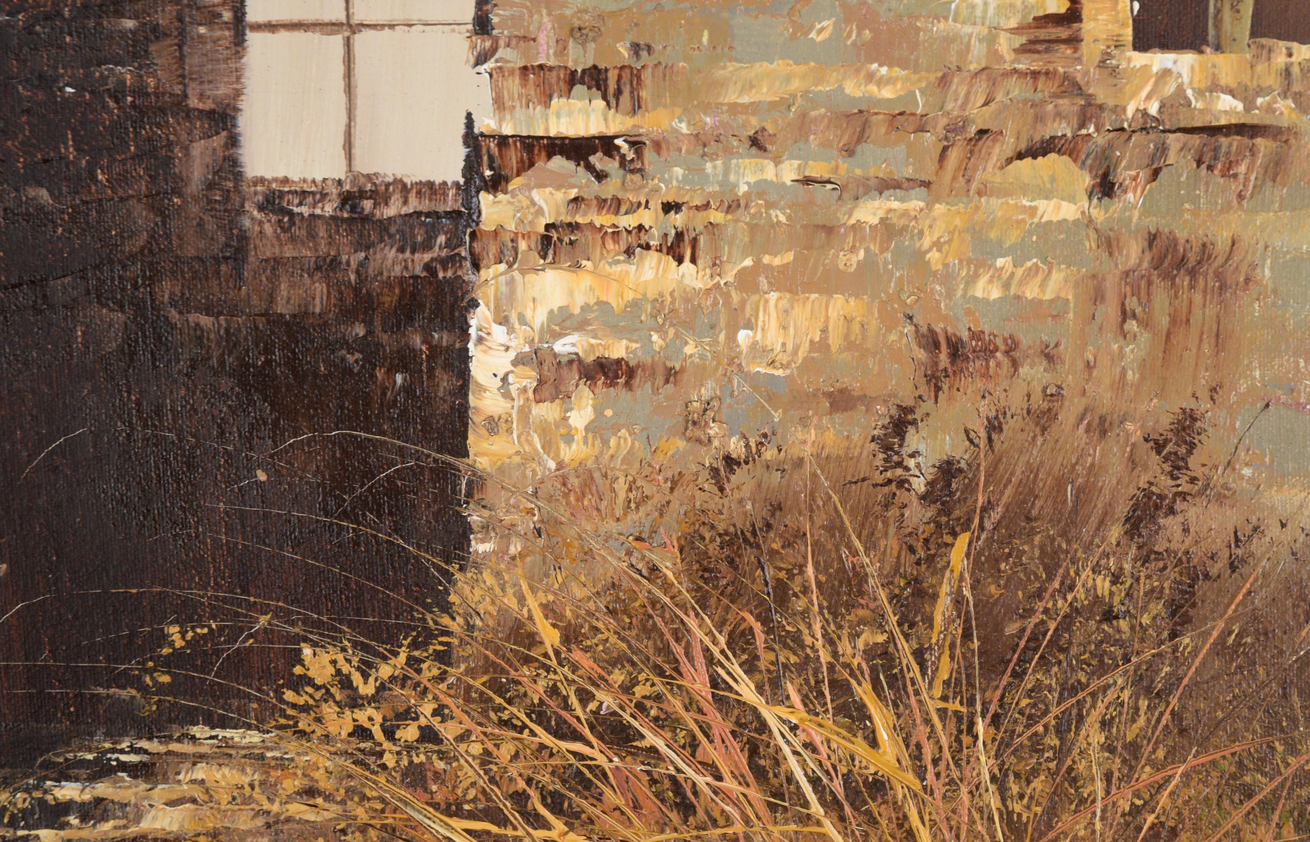 Daisies by the Back Door - Paysage de ferme avec fleurs à l'huile sur toile - Impressionnisme Painting par Unknown