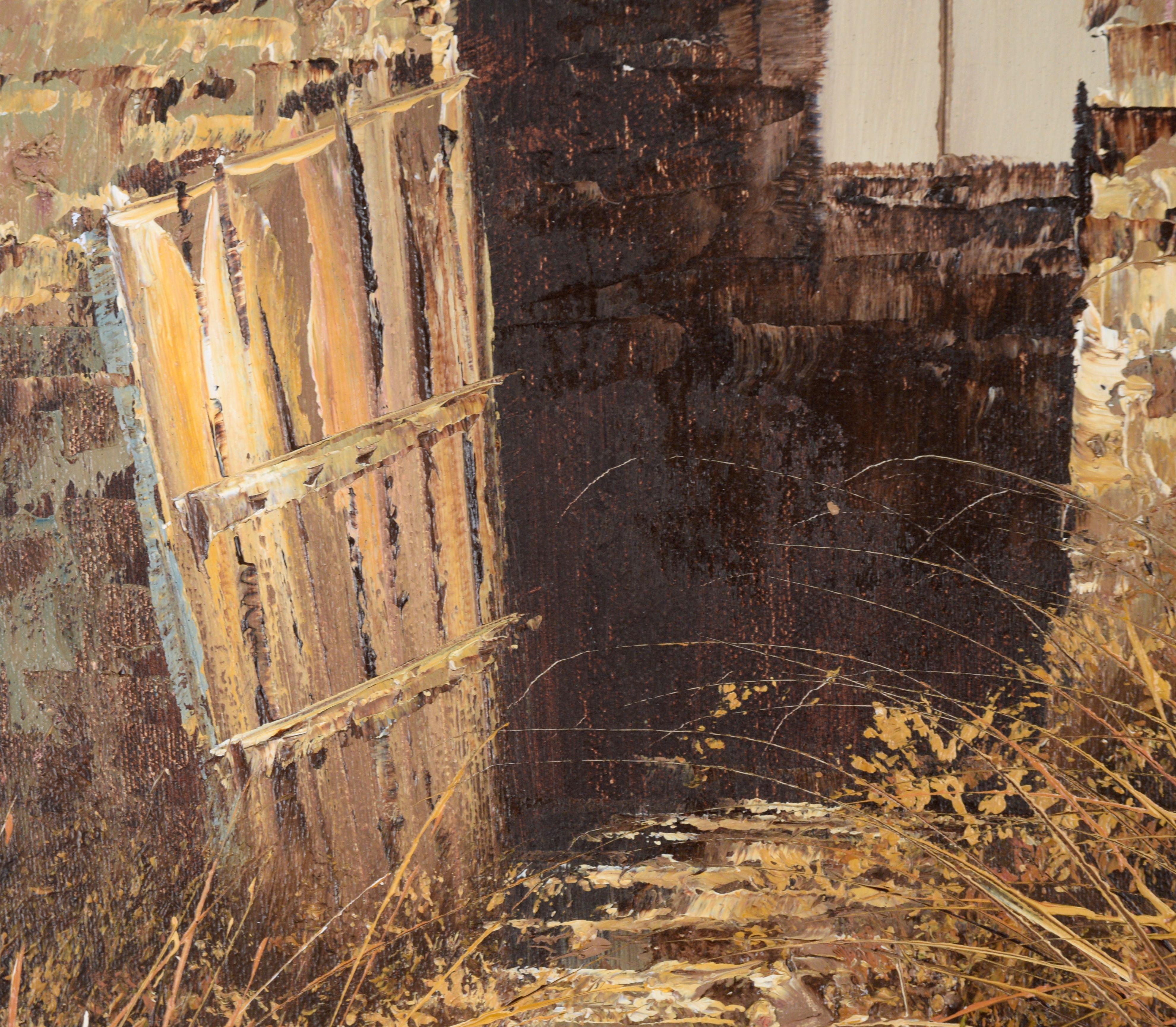 Daisies by the Back Door - Paysage de ferme avec fleurs à l'huile sur toile - Marron Still-Life Painting par Unknown
