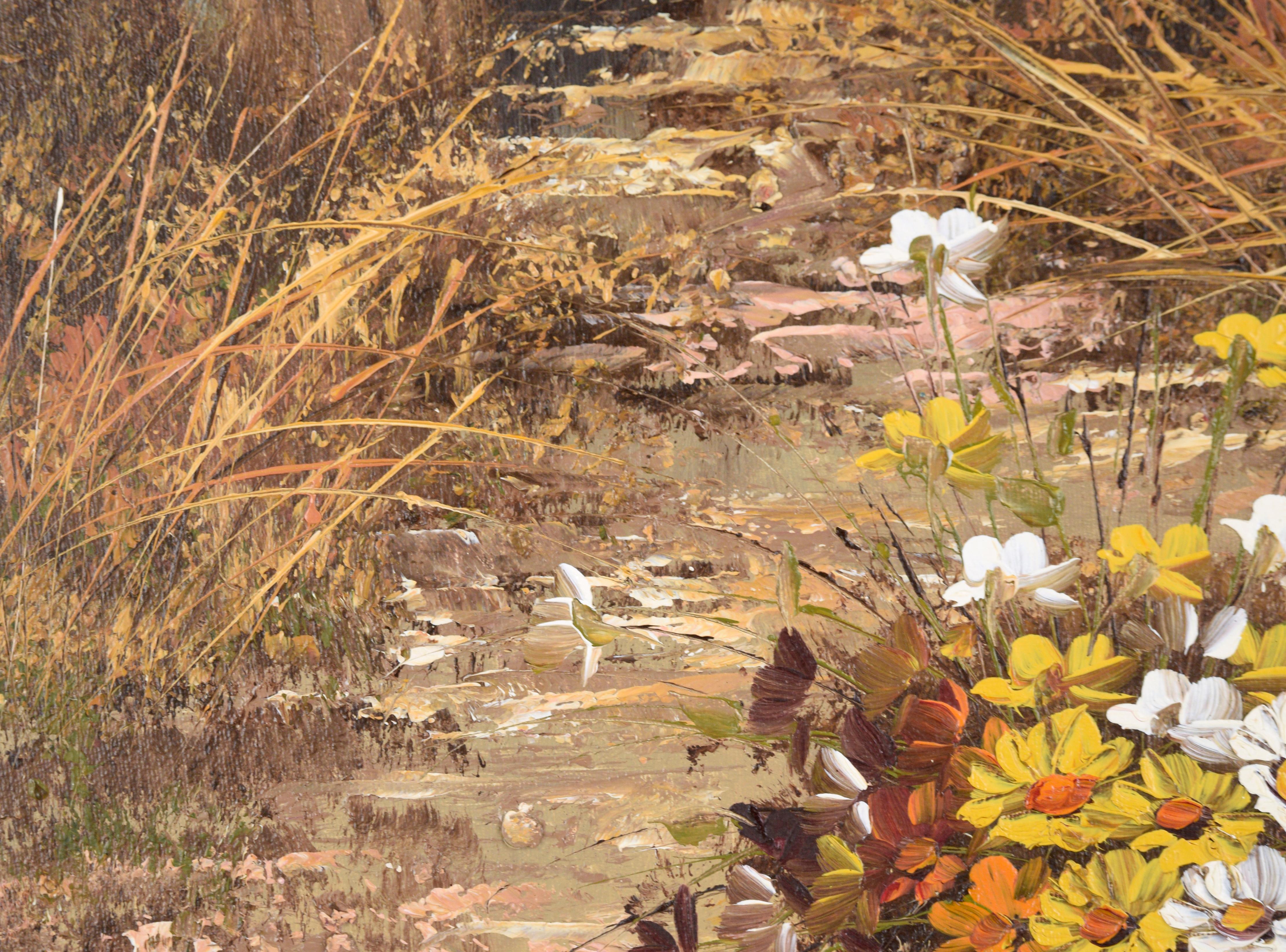 Margaritas junto a la puerta trasera - Paisaje agrícola con flores en óleo sobre lienzo - Still-Life Painting Marrón de Unknown