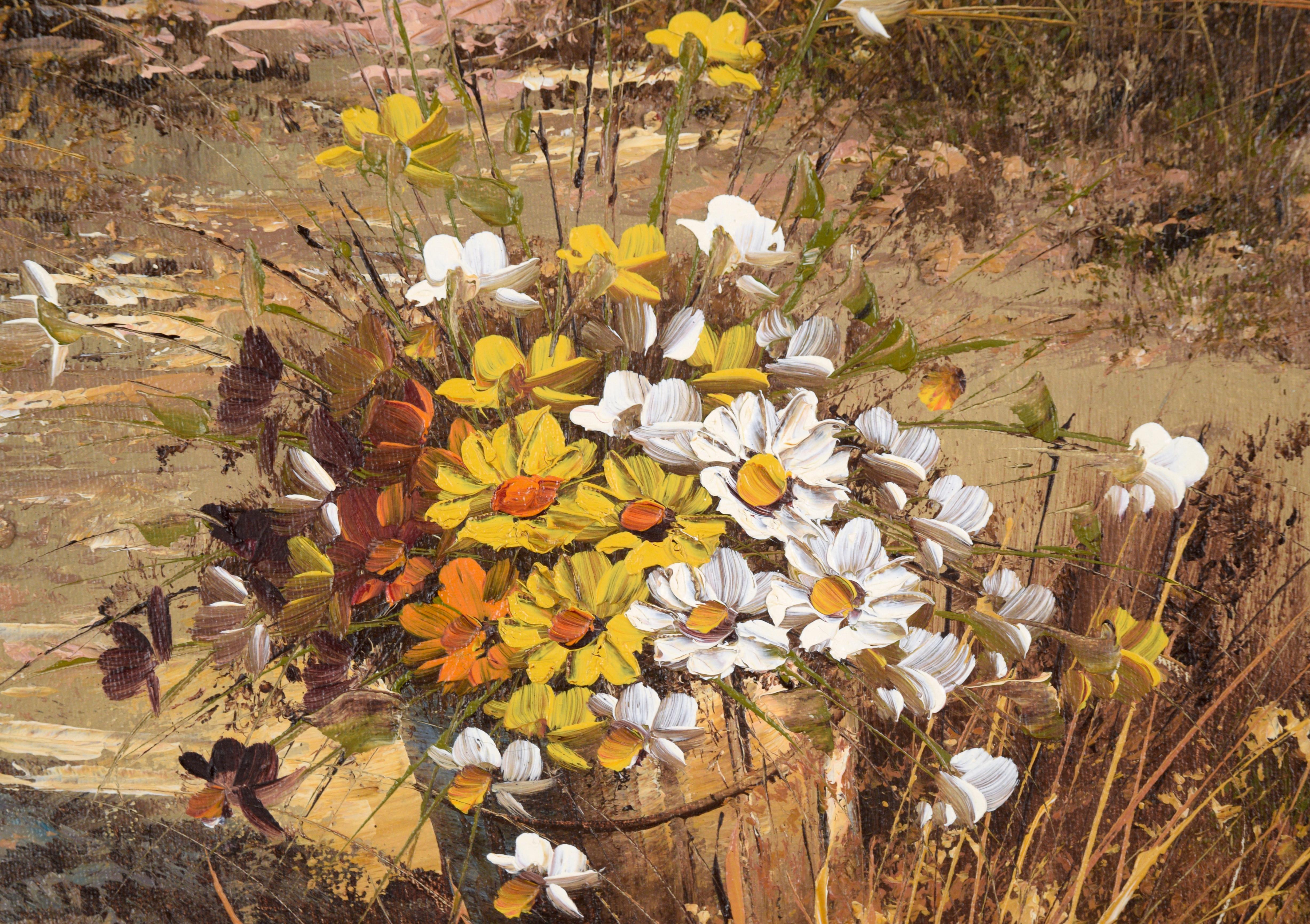 Daisies by the Back Door - Paysage de ferme avec fleurs à l'huile sur toile en vente 1