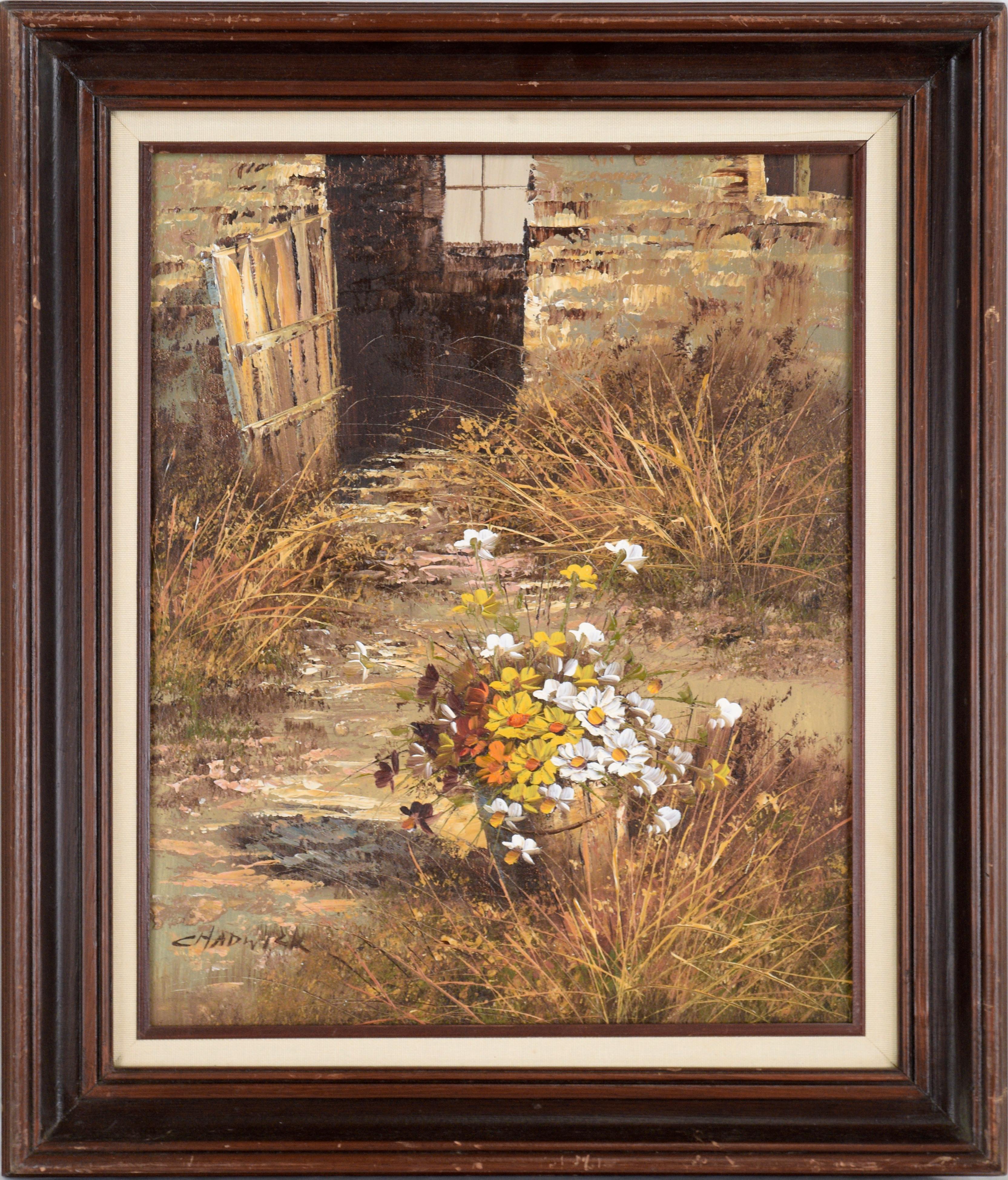Unknown Still-Life Painting - Daisies by the Back Door - Farm Landscape with Flowers in Oil on Canvas