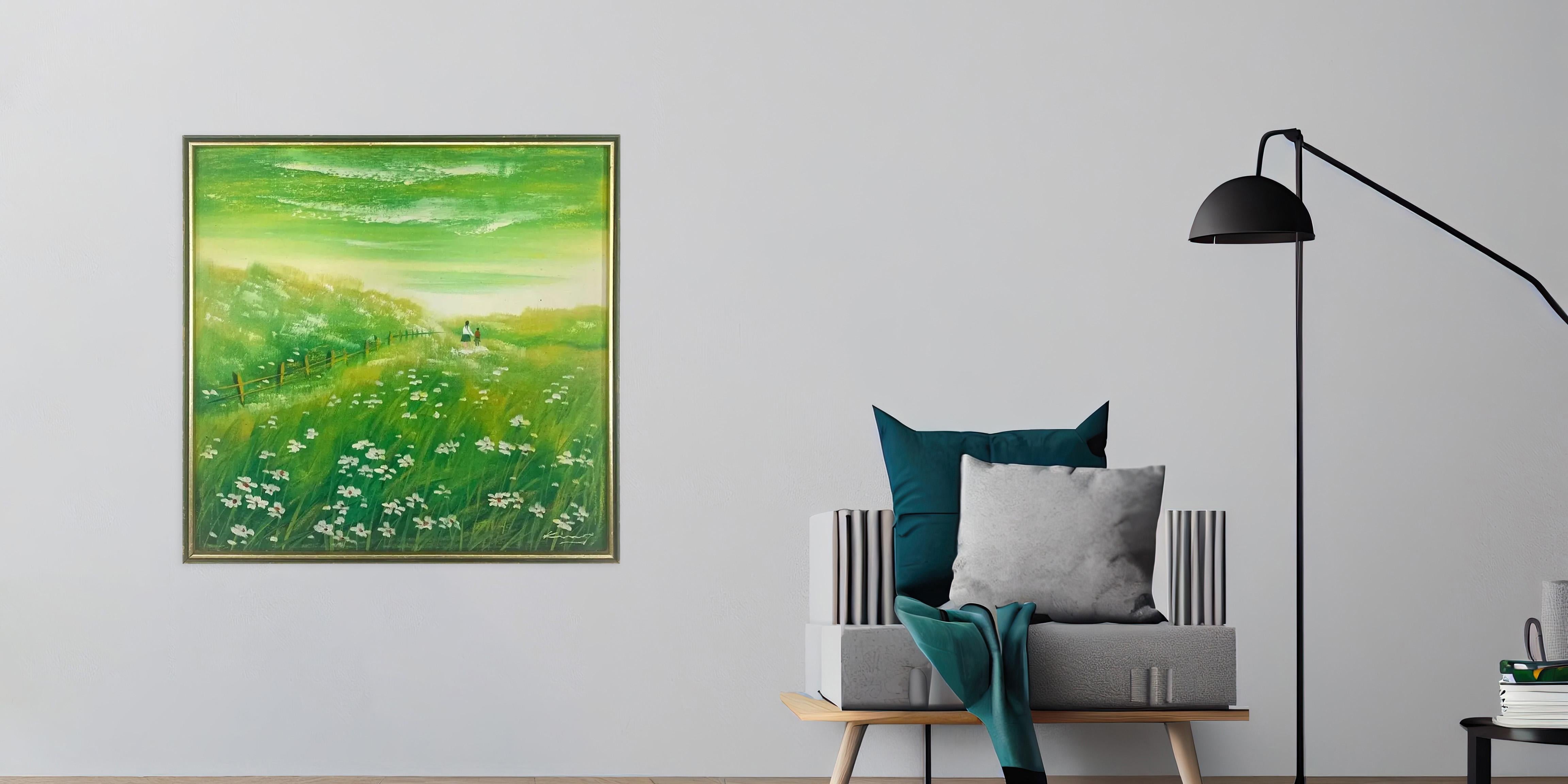 An oil on panel painting of a green field with  blooming daisies on a beautiful spring day. Both the filed and the sky are painted in Green. a A woman and a young girl are enjoying a walk through the fertile land. The painting is signed by the