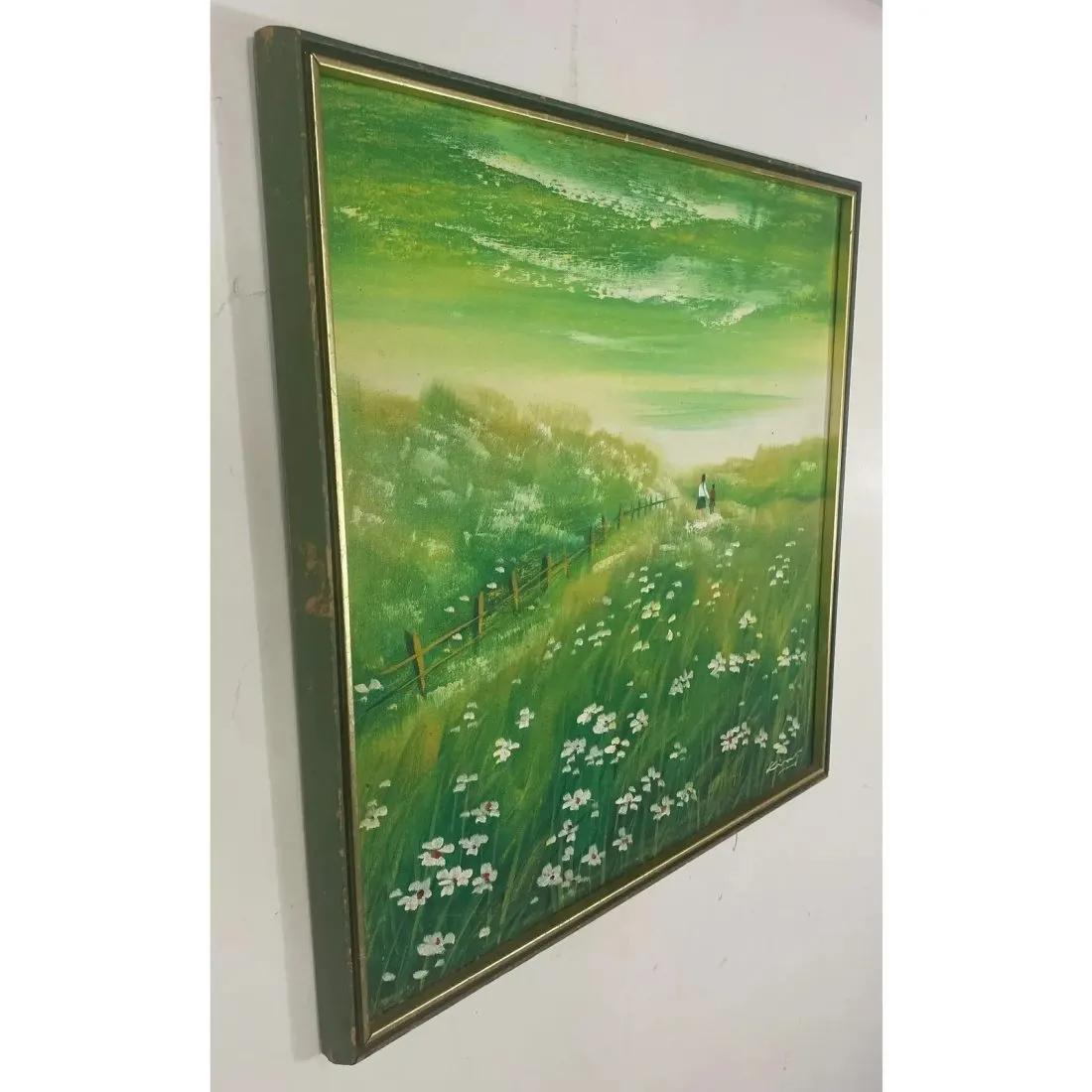Daisies Green Field Landscape Oil on Panel Painting , Signed For Sale 1