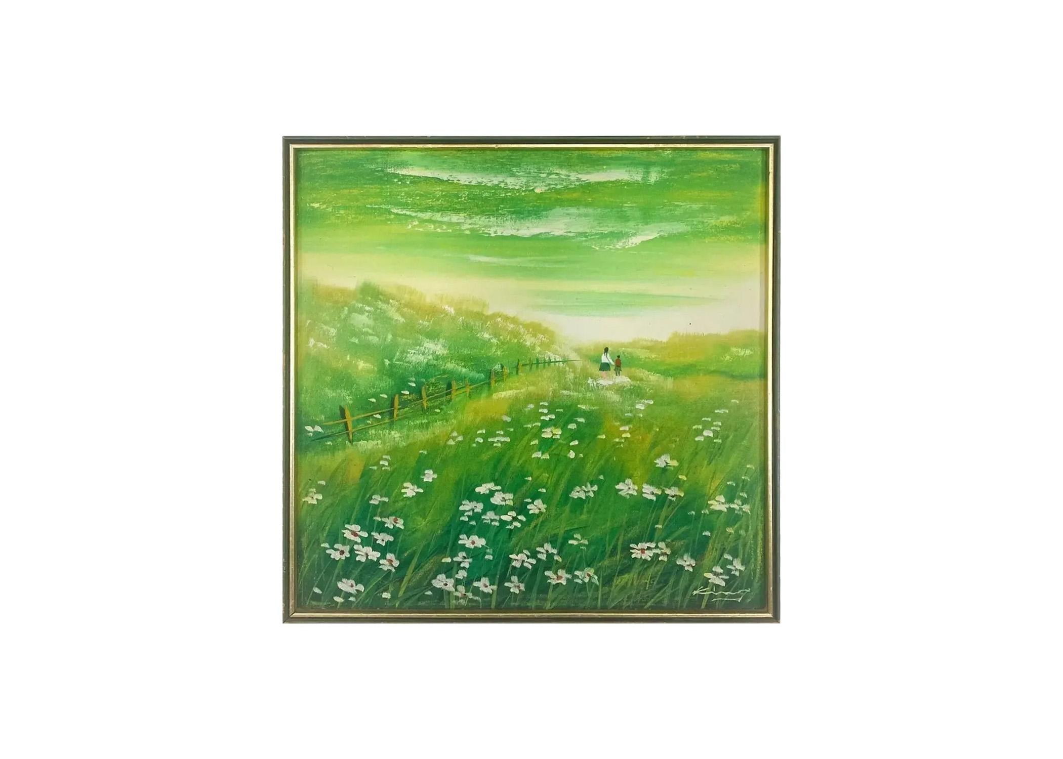 Unknown Landscape Painting – Daisies Grüne Feldlandschaft Öl auf Tafel Gemälde , signiert