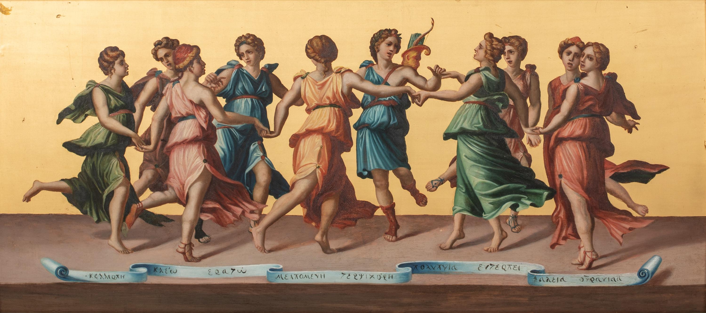 Danza degli dei femminili, 17°/18° secolo

(after) Giulio Romano (1499-1546)

Grande raffigurazione di scuola greca del XVII-XVIII secolo che raffigura le divinità femminili che si divertono nella danza, olio su pannello dorato. Panorama mitologico