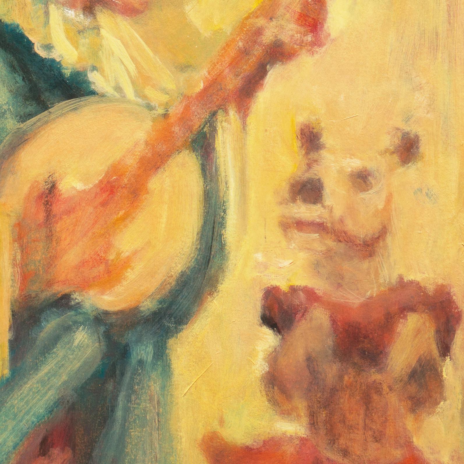 An interesting, American School Mid-century tempera painting showing a view of a seated clown rehearsing his dogs for a dance routine while a bareback rider in costume observes in the background. A poignant insight into the human condition. Unsigned