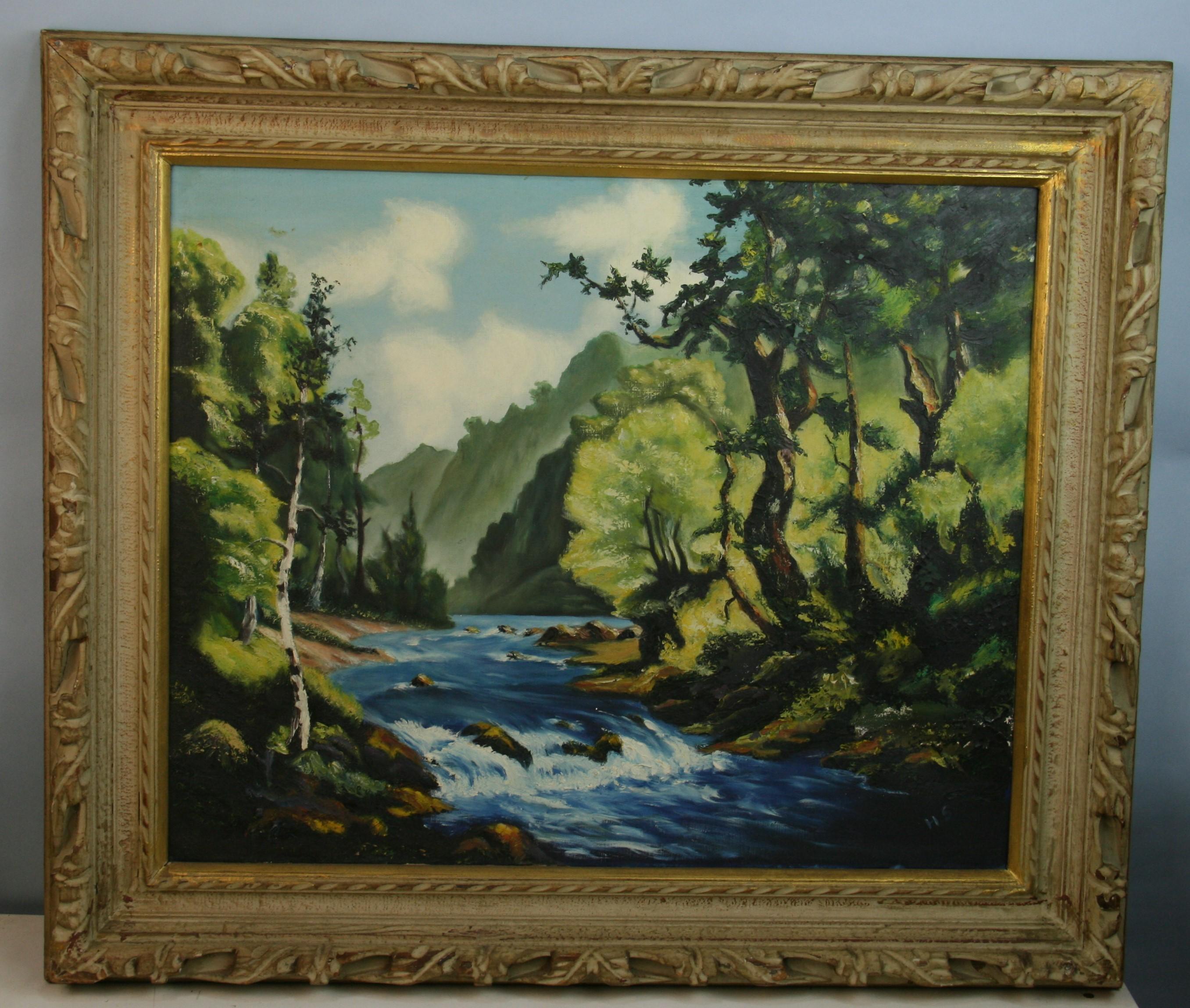 Unknown Landscape Painting - Antique Impressionist Scandinavian  Rivers Edge Landscape Oil Painting