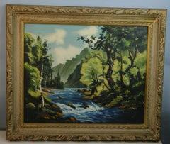 Antique Impressionist Scandinavian  Rivers Edge Landscape Oil Painting