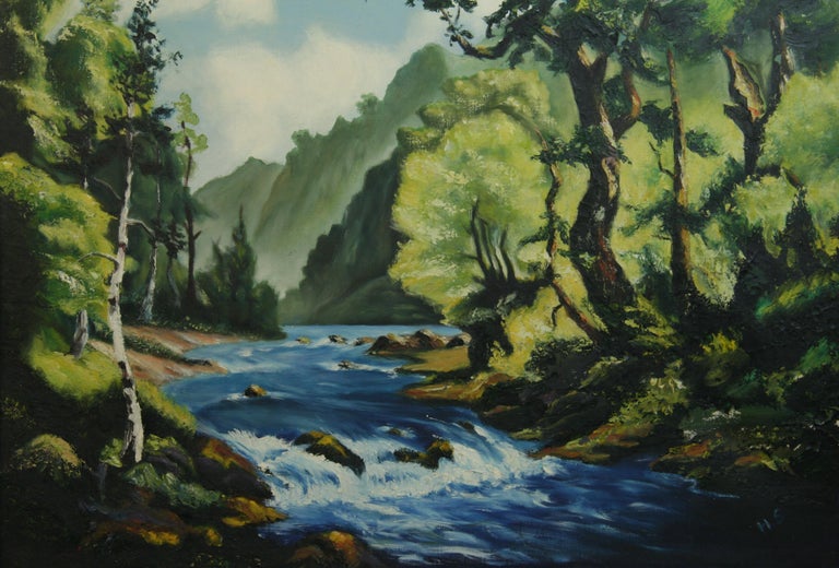 Antique Impressionist Scandinavian  Rivers Edge Landscape Oil Painting - Black Landscape Painting by Unknown
