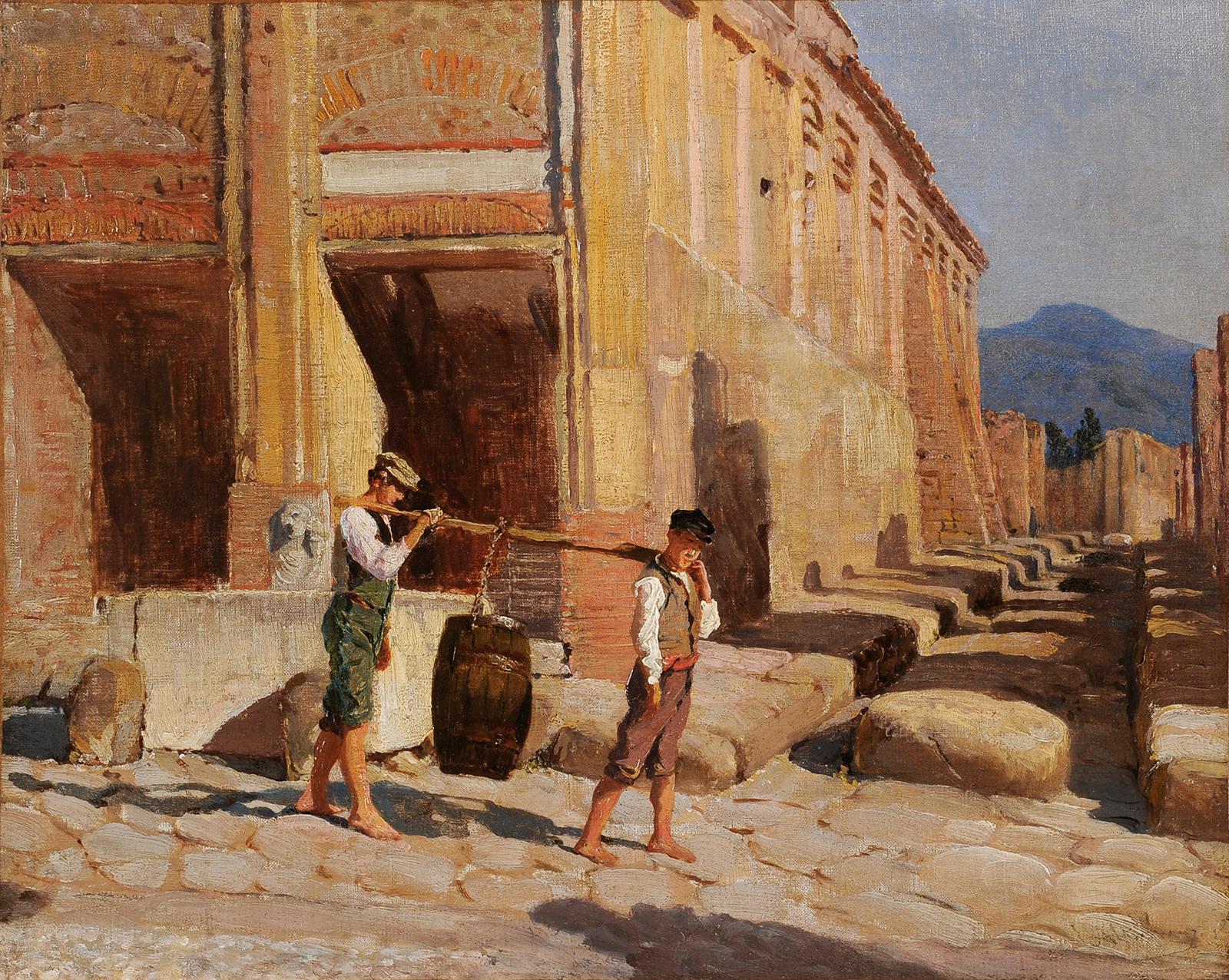 Landscape Painting Unknown - École danoise, milieu du XIXe siècle - Pompéi, jeunes garçons près du bâtiment d
Eumachia
