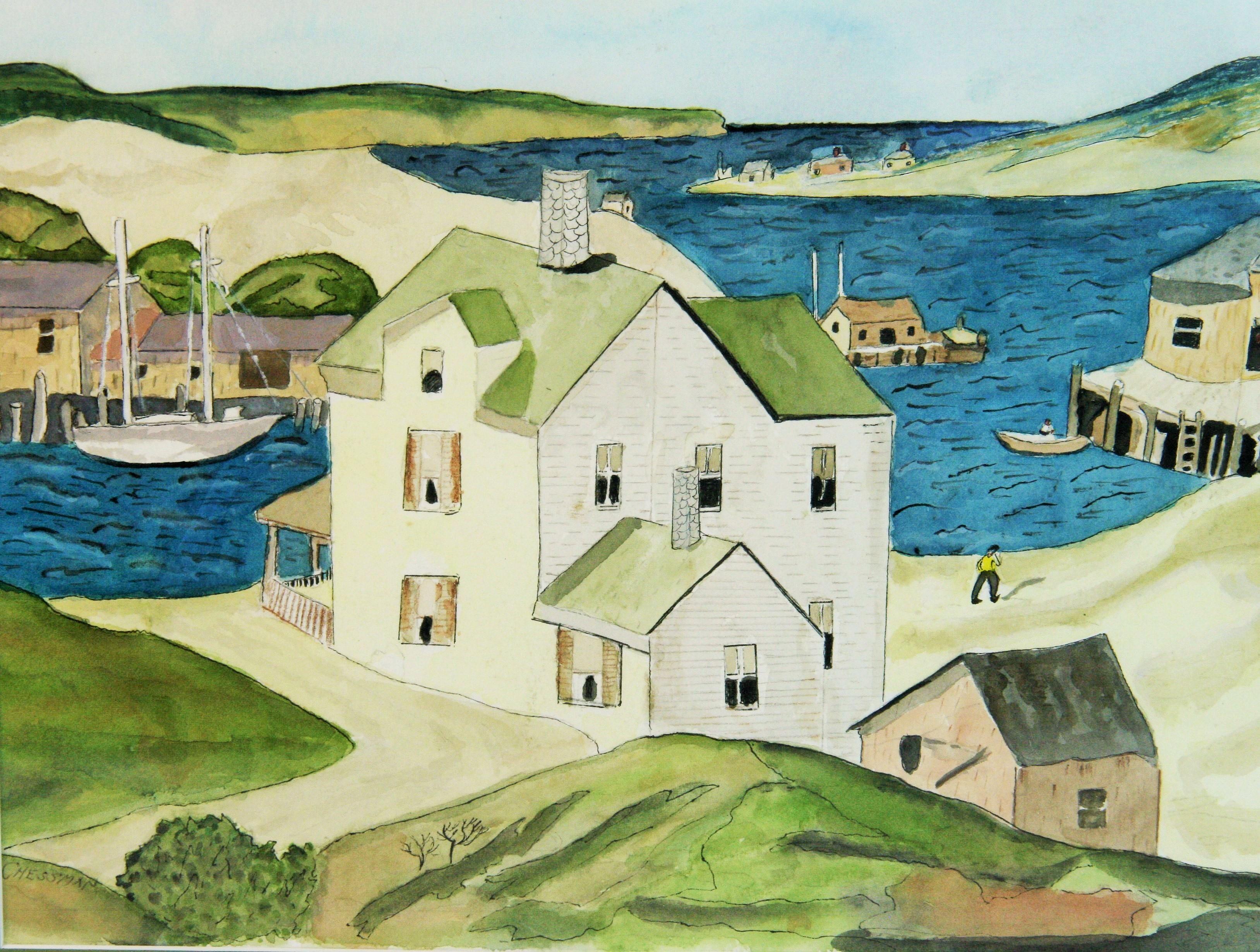 Scène de village danois au bord de la mer Vue du port Paysage - Gris Landscape Painting par Unknown