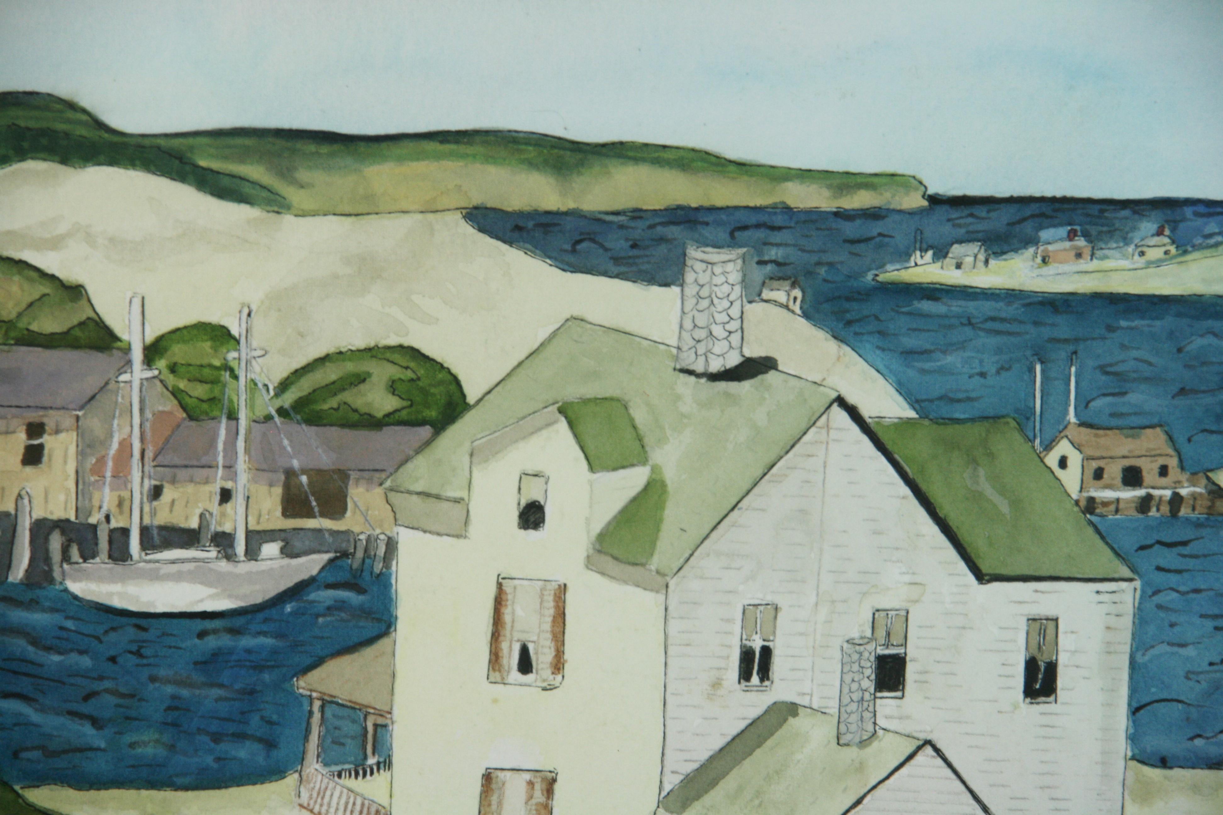 Scène de village danois au bord de la mer Vue du port Paysage en vente 1
