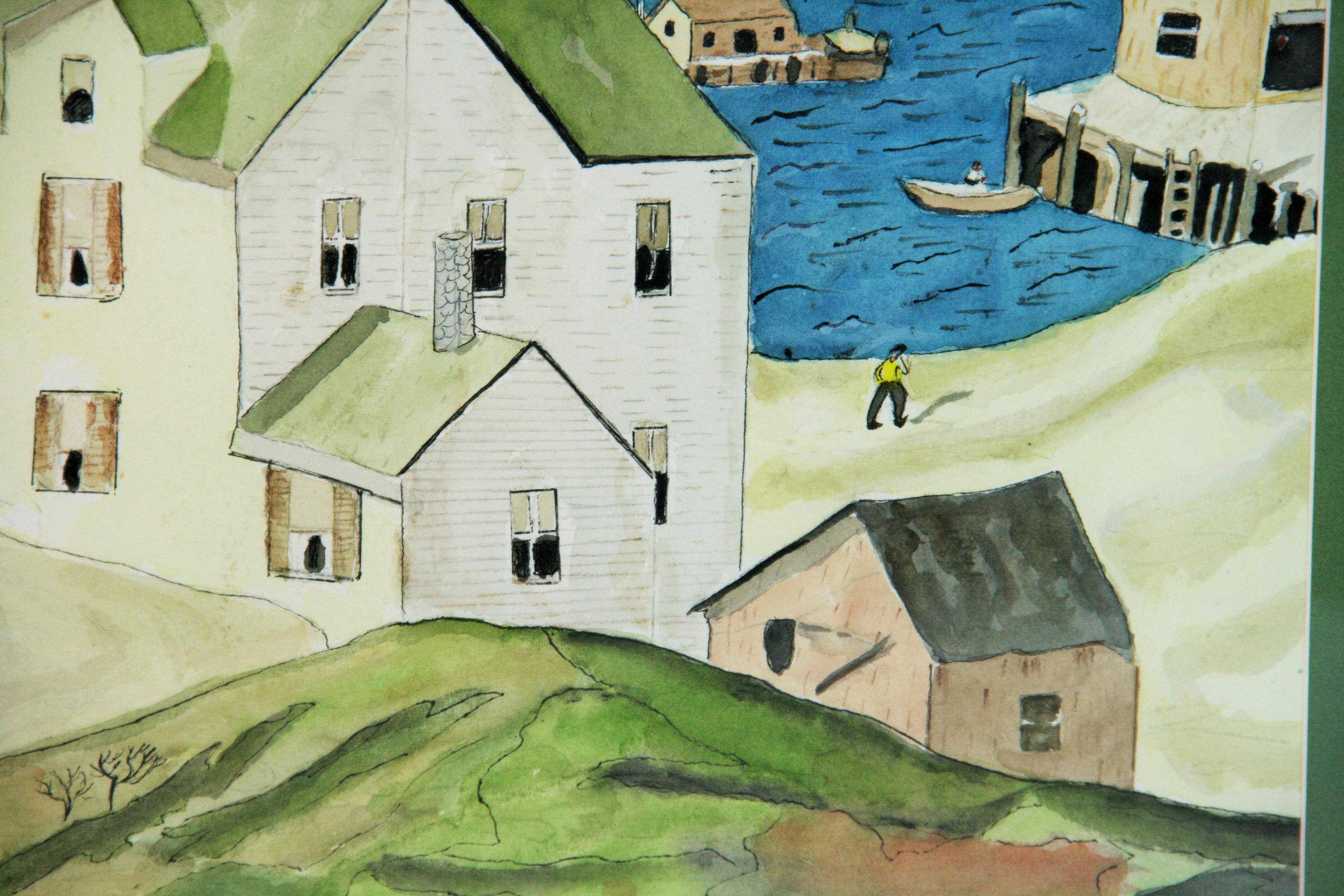 Scène de village danois au bord de la mer Vue du port Paysage en vente 2