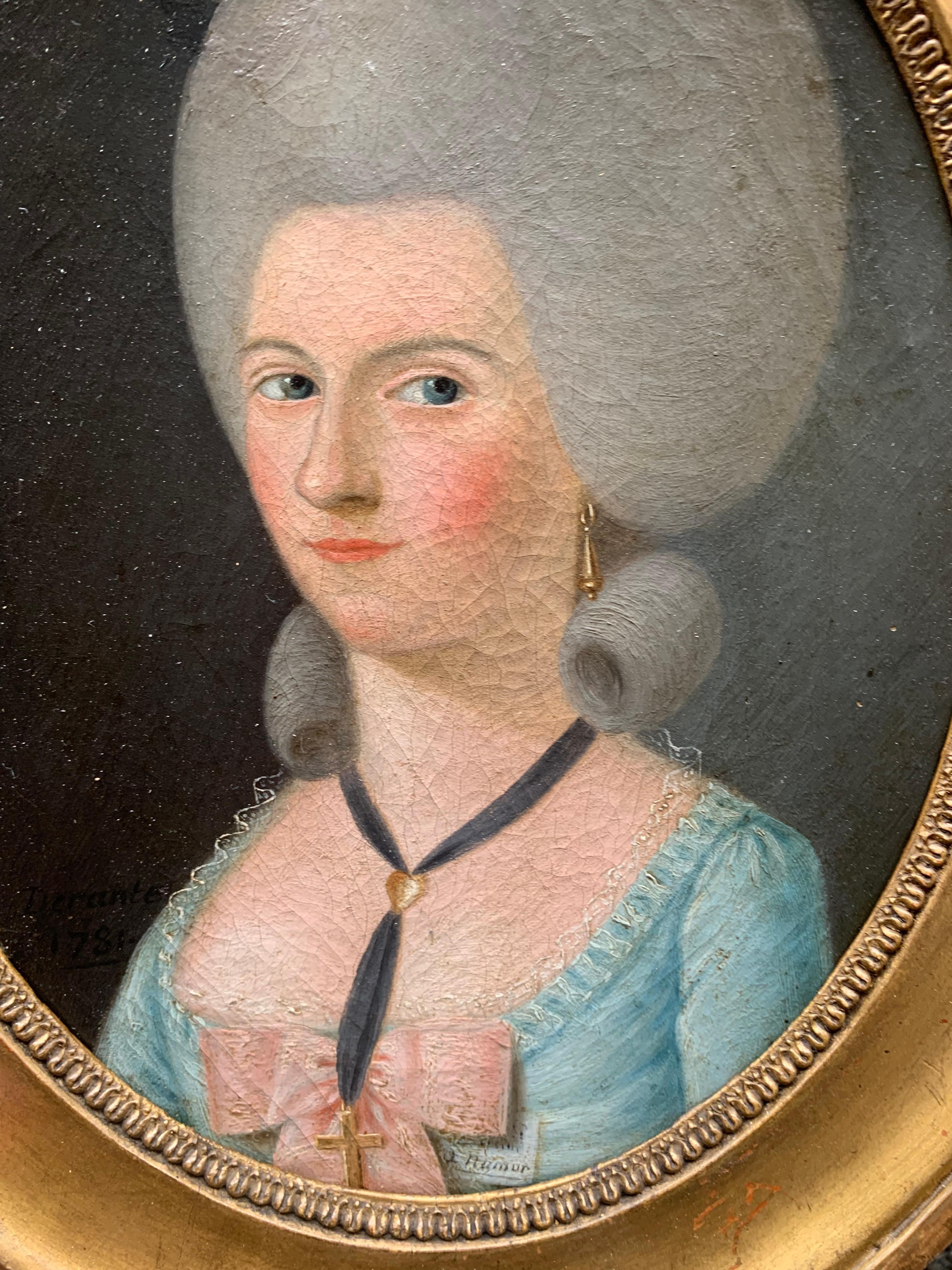 Datiert 1781. Ovales Porträt einer Dame mit hoher gepuderter und geformter Frisur. 7