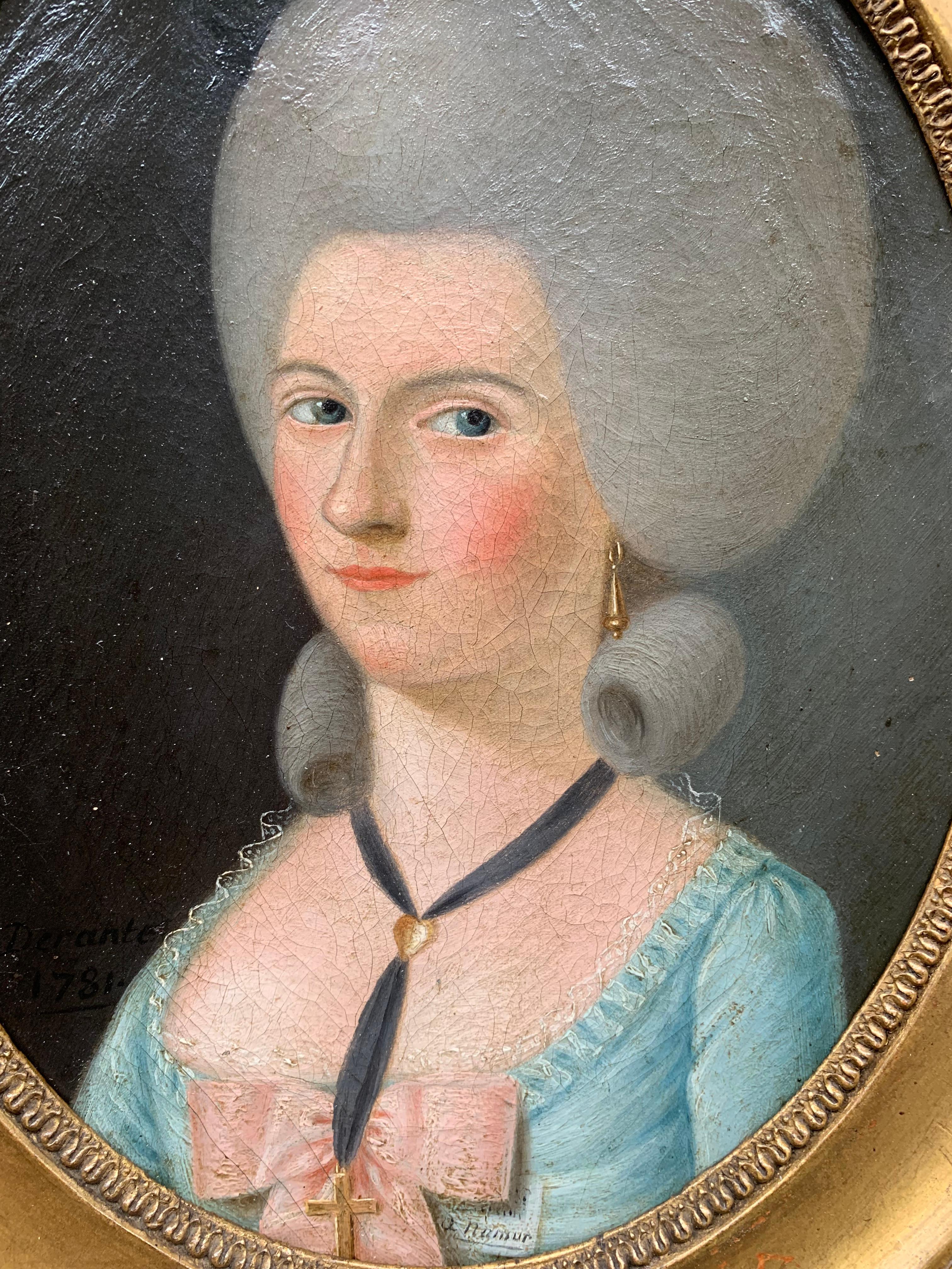 Datiert 1781. Ovales Porträt einer Dame mit hoher gepuderter und geformter Frisur. 8