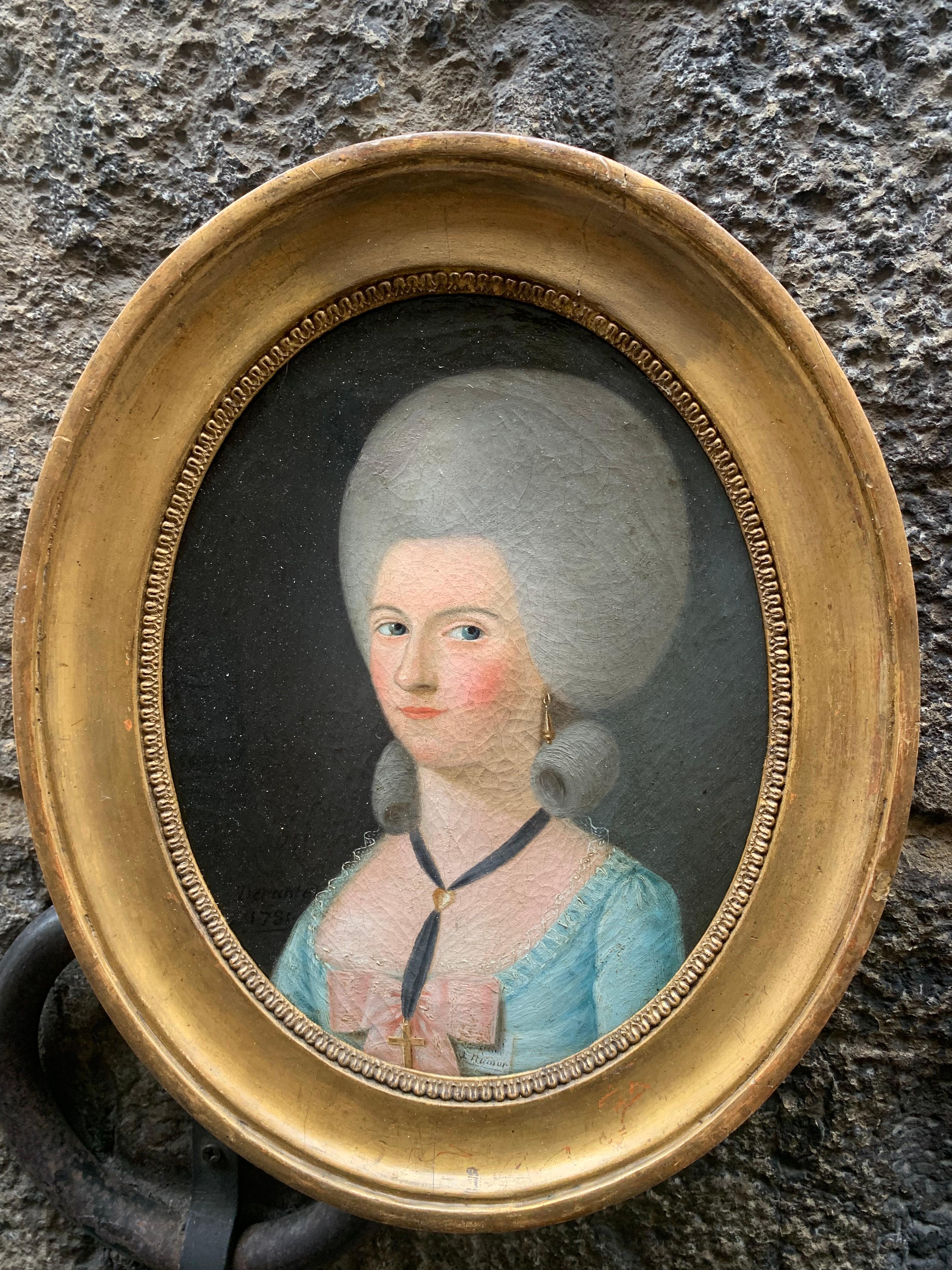 Datiert 1781. Ovales Porträt einer Dame mit hoher gepuderter und geformter Frisur. 10