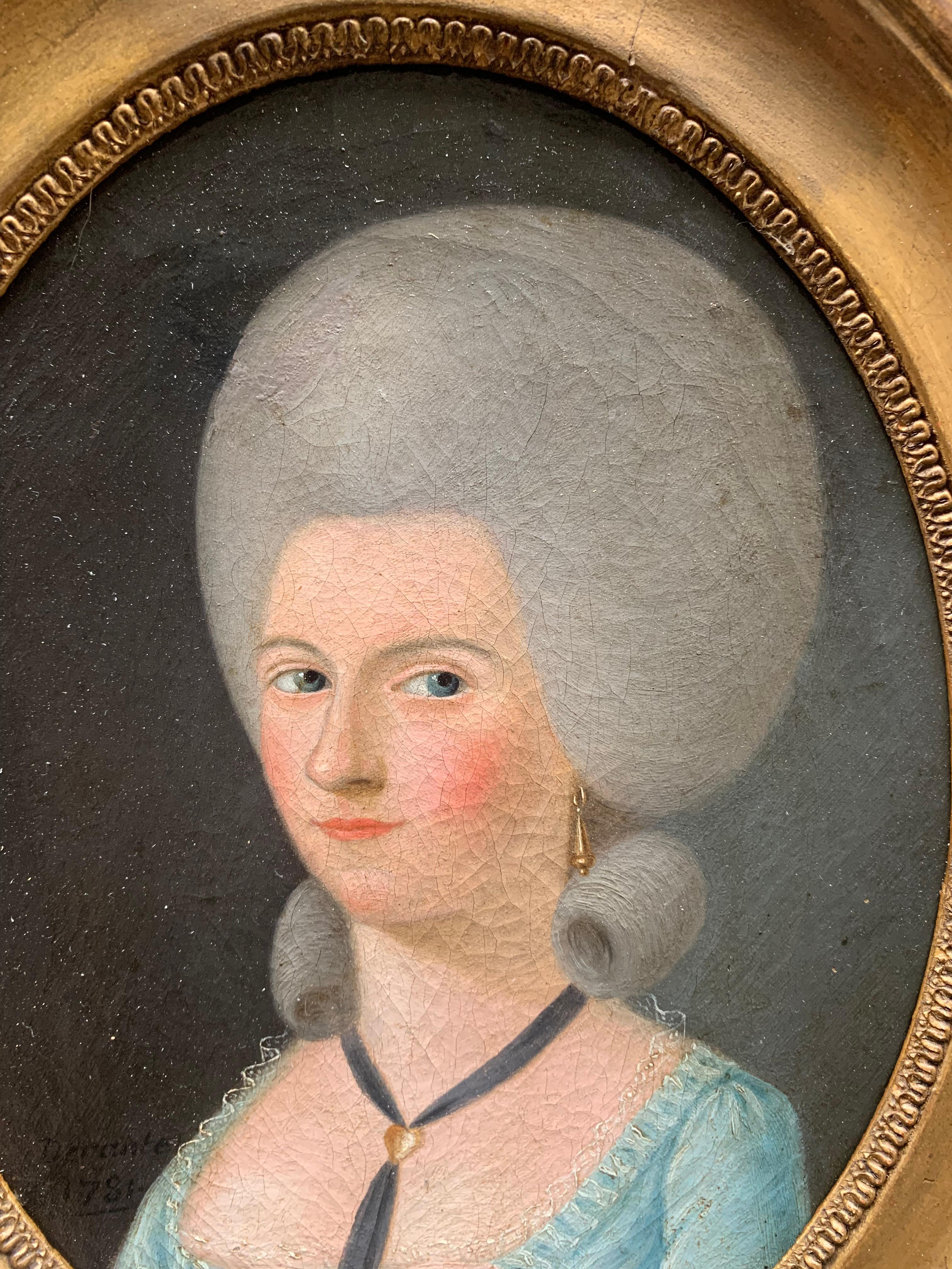 Datiert 1781. Ovales Porträt einer Dame mit hoher gepuderter und geformter Frisur. (Rokoko), Painting, von Unknown