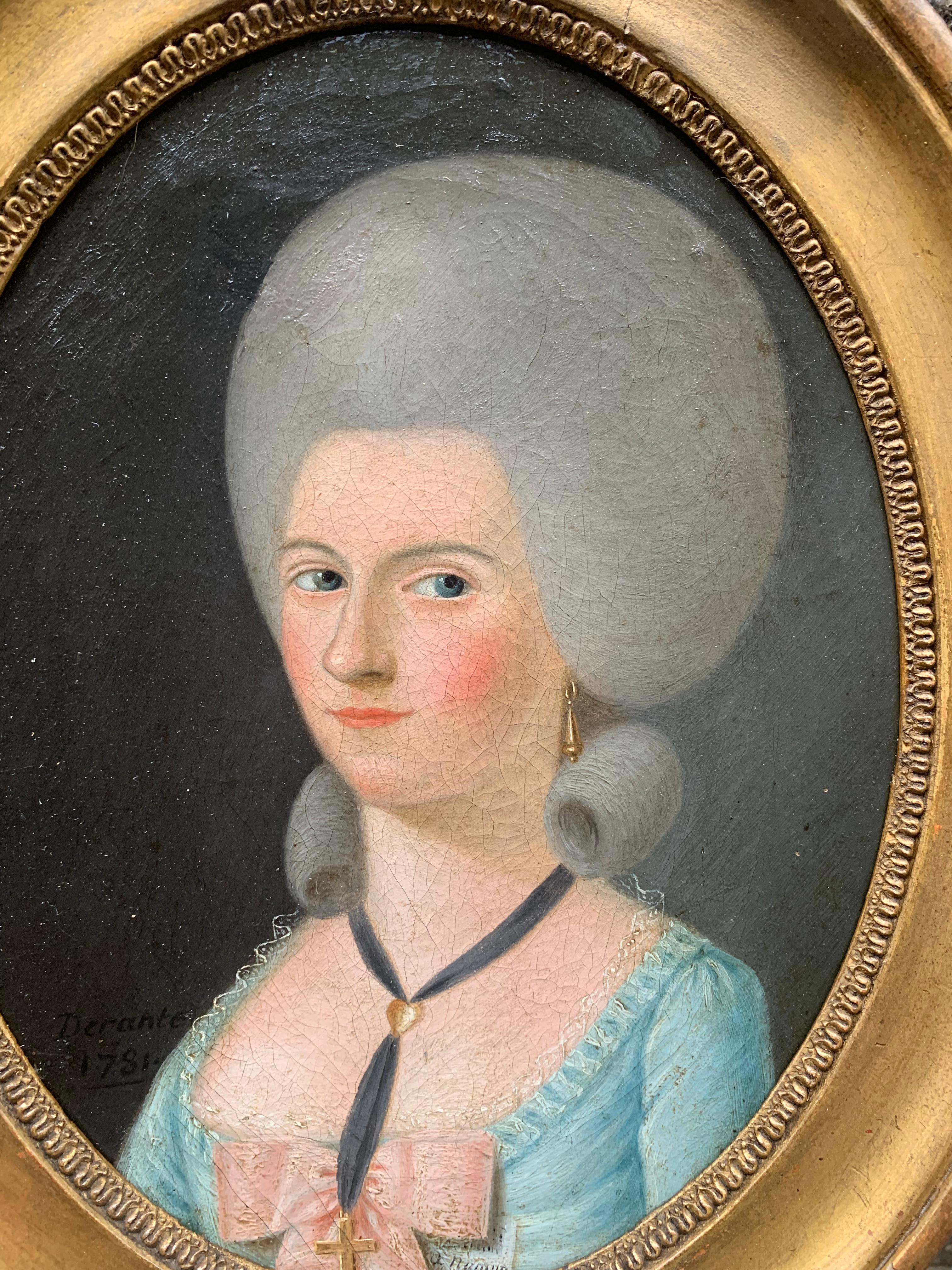 Datiert 1781. Ovales Porträt einer Dame mit hoher gepuderter und geformter Frisur. 2