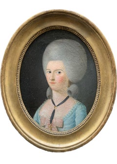 Dated 1781. Oval portrait of lady with tall powdered and sculpted Hairstyle.
