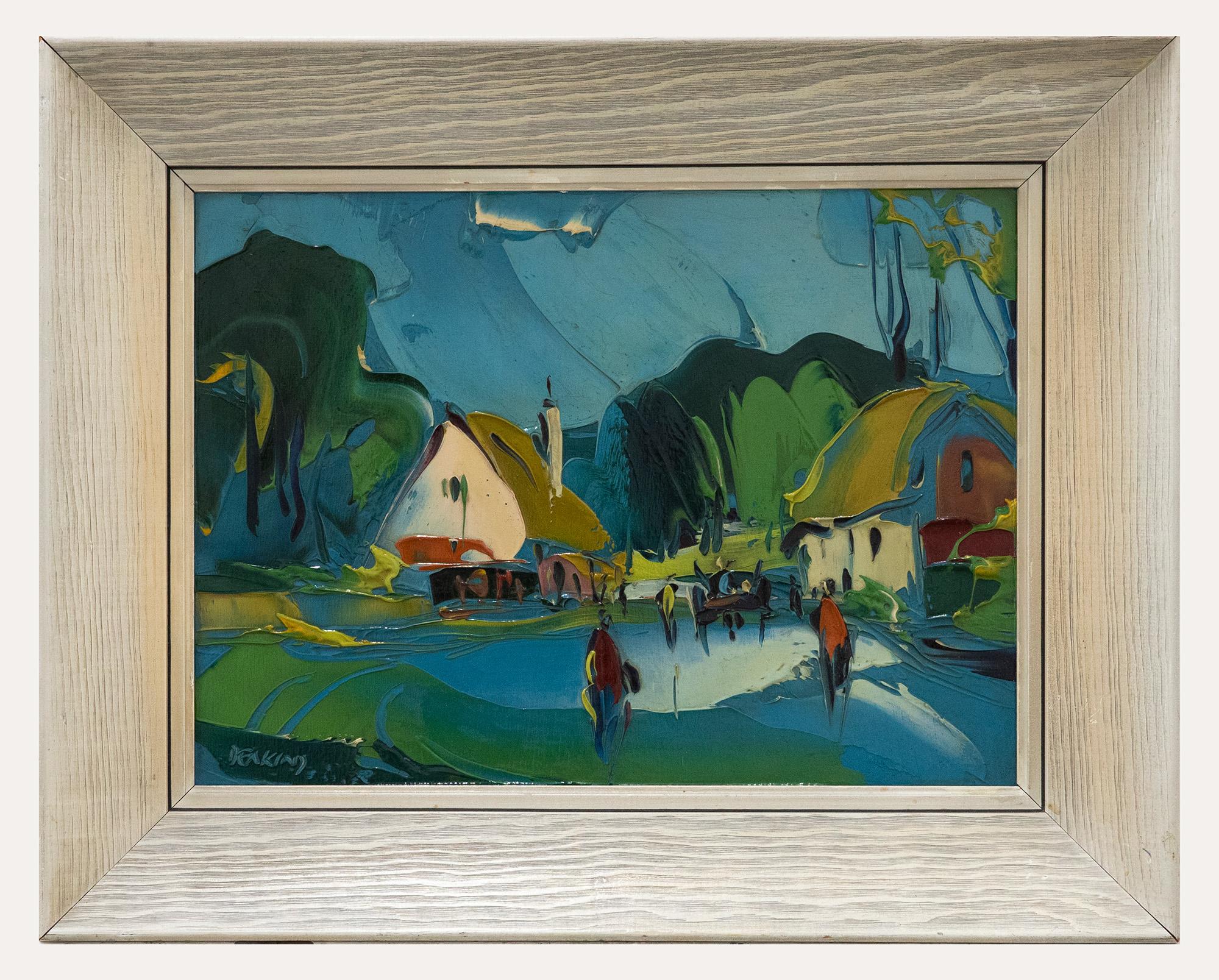 A striking scene depicting a street with figures on a country lane. The artist captures the scene in a vivid colour palette and an expressive technique using a palette knife. Signed to the lower right. The painting is sealed with a varnish giving