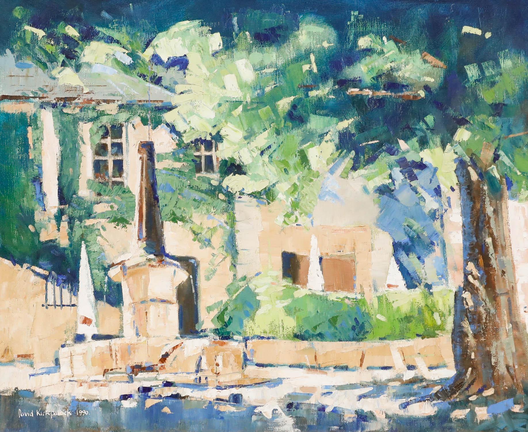David Kirkpatrick - Huile contemporaine encadrée, Vue d'un château avec fontaine en pierre - Painting de Unknown