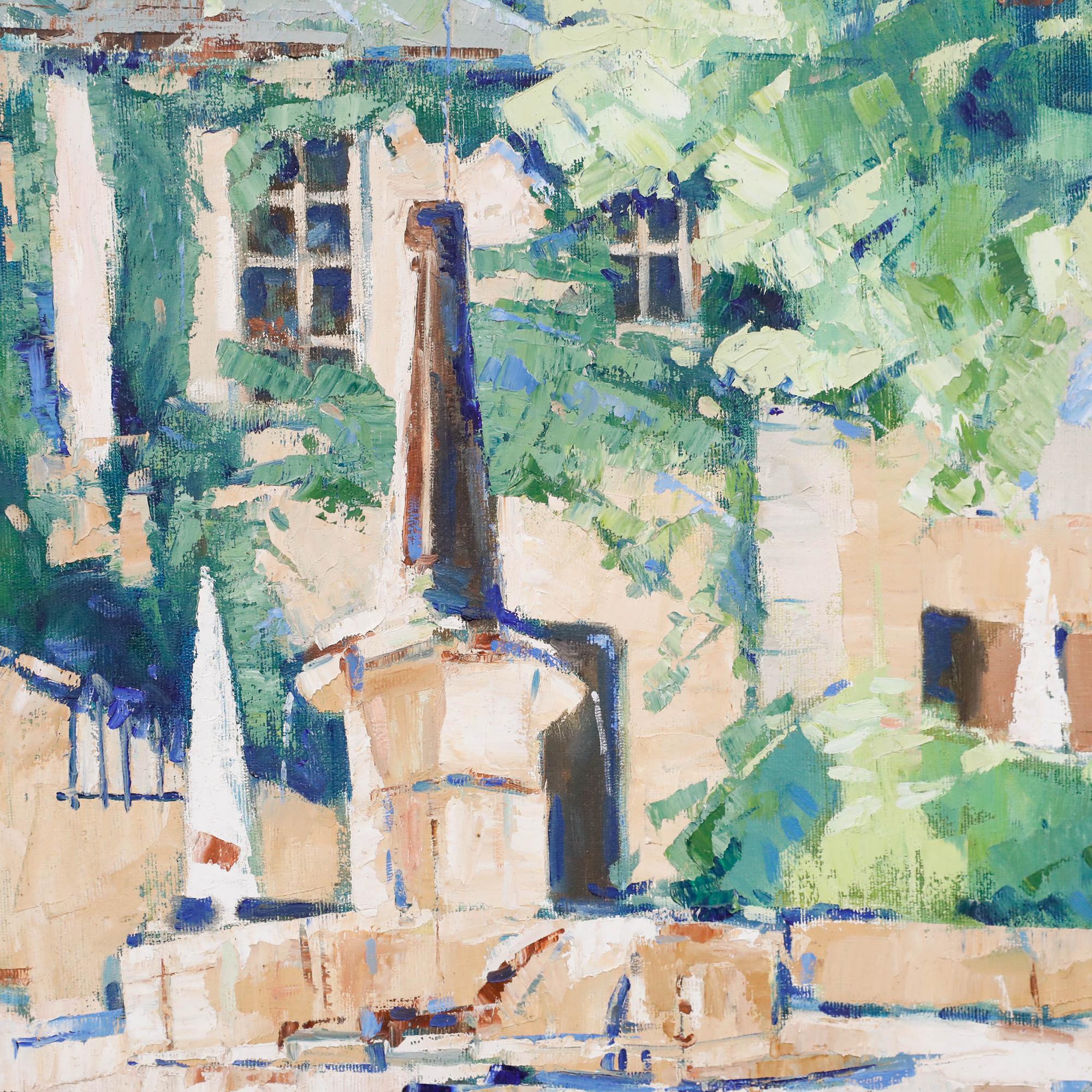 Représentation expressive d'un château français avec une fontaine en pierre située dans la cour pittoresque de la propriété. Présenté dans un cadre contemporain à effet doré. Signé en bas à gauche et daté de 1990. Sur toile sur châssis. Taille de