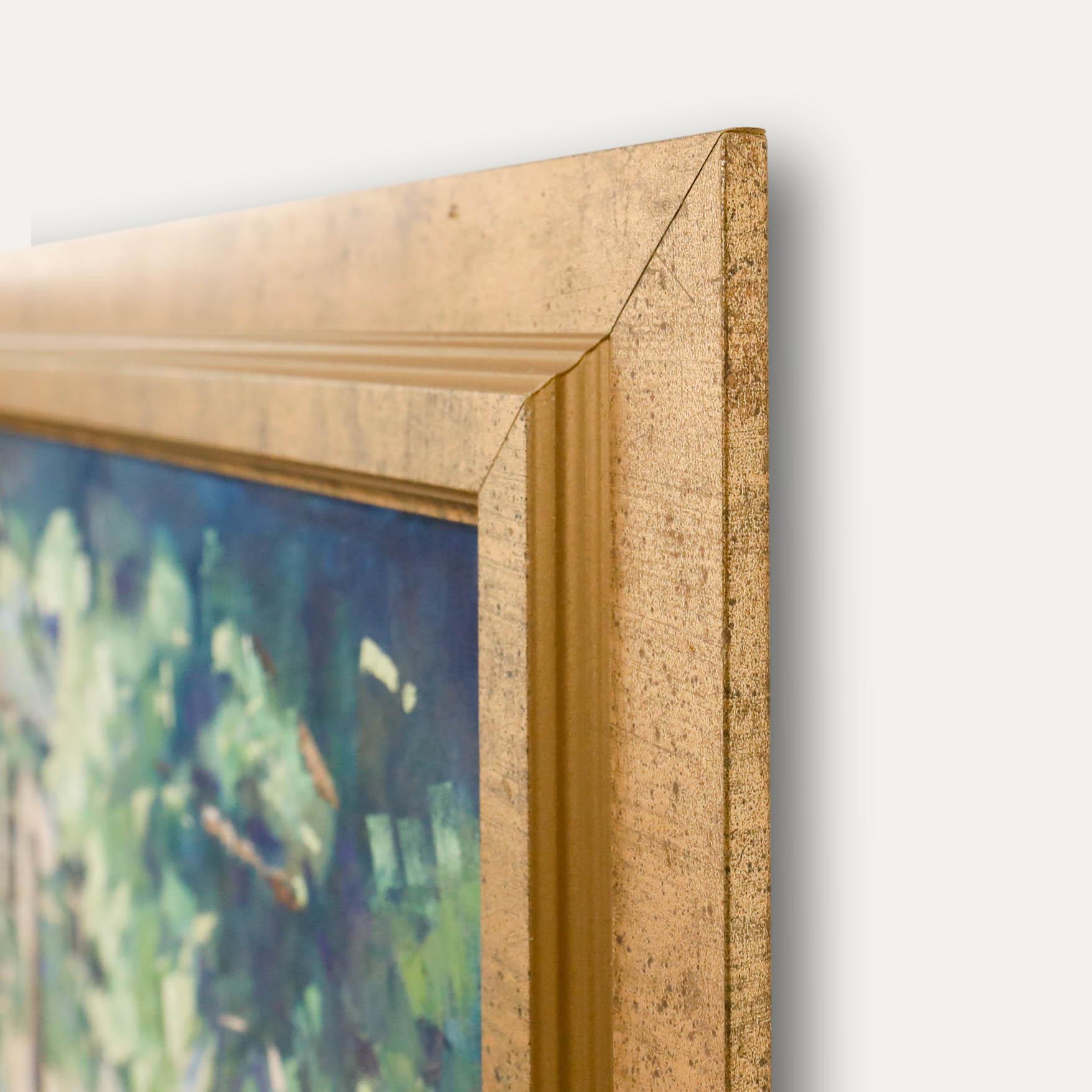 David Kirkpatrick - Huile contemporaine encadrée, Vue d'un château avec fontaine en pierre en vente 1