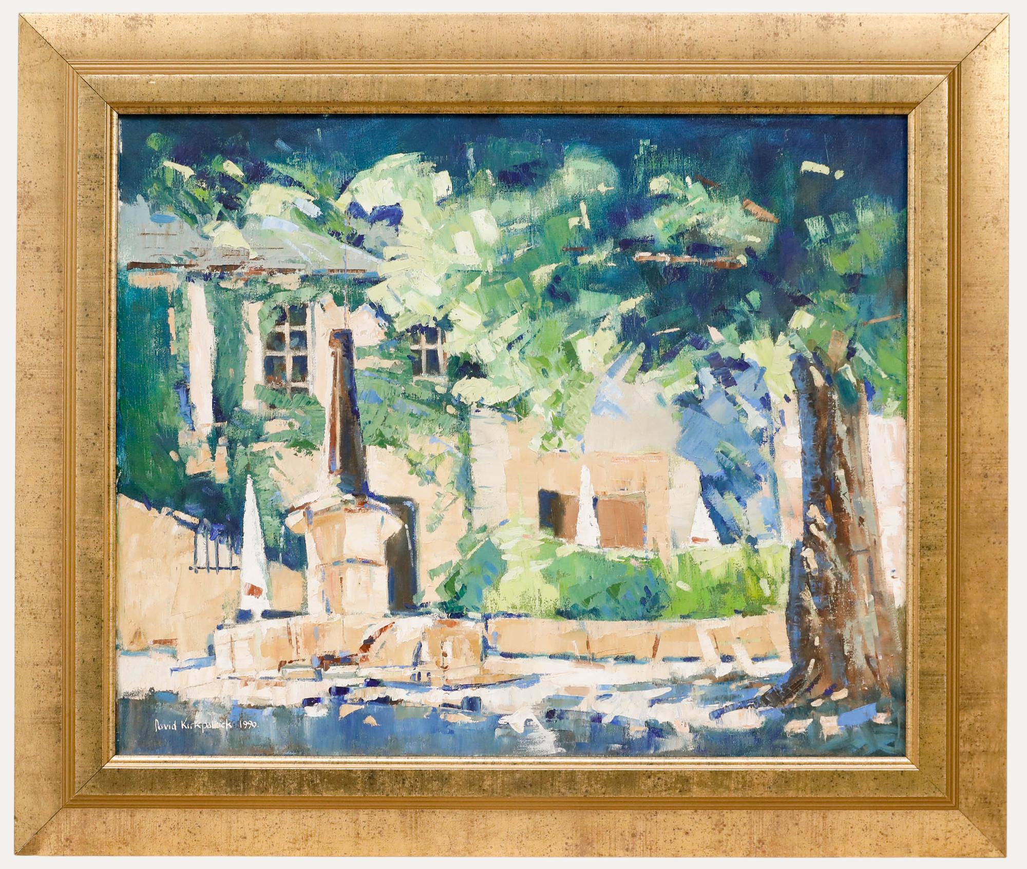 Landscape Painting Unknown - David Kirkpatrick - Huile contemporaine encadrée, Vue d
un château avec fontaine en pierre