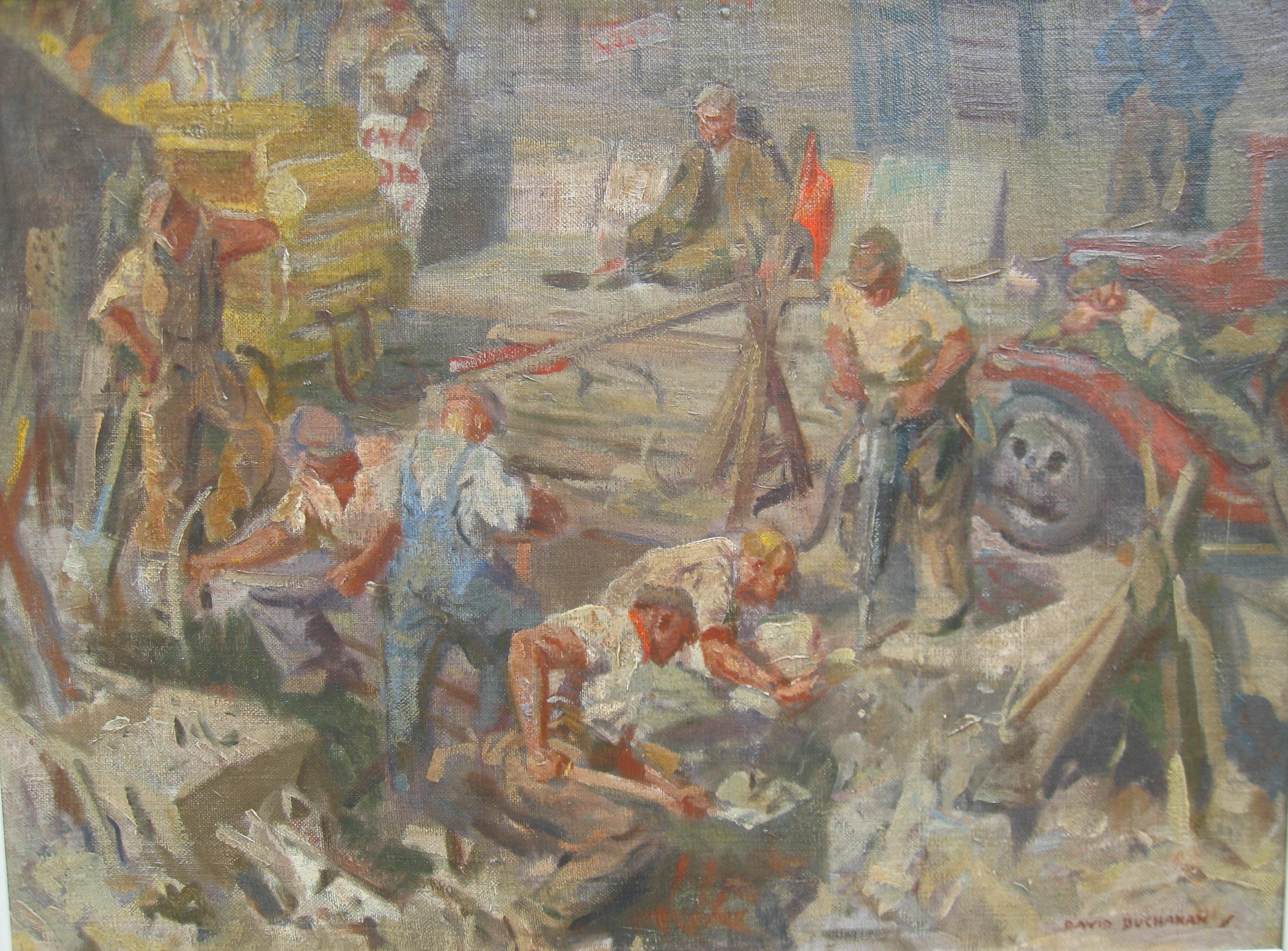 « Men at Work » (Les hommes au travail) de David R Buchanan, huile vers 1930 - Painting de Unknown