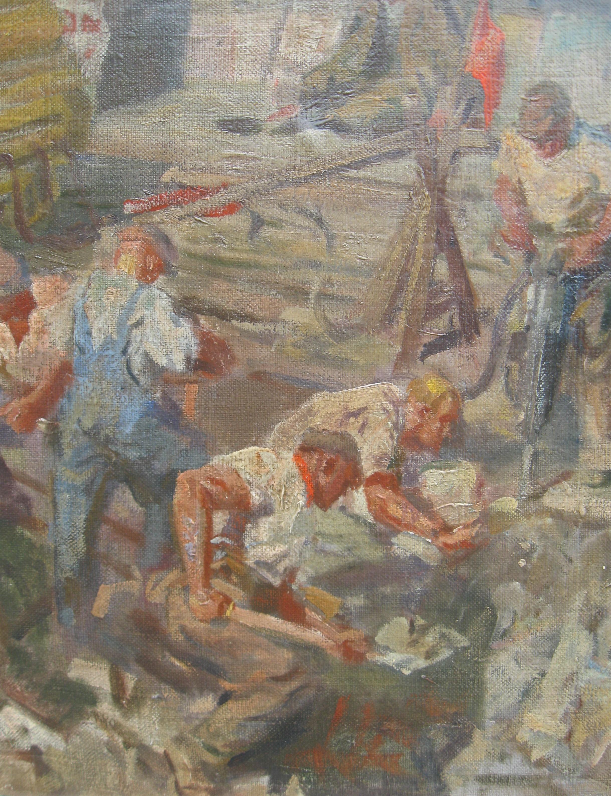 Ölgemälde „Men at Work“ von David R. Buchanan, um 1930 (Post-Impressionismus), Painting, von Unknown