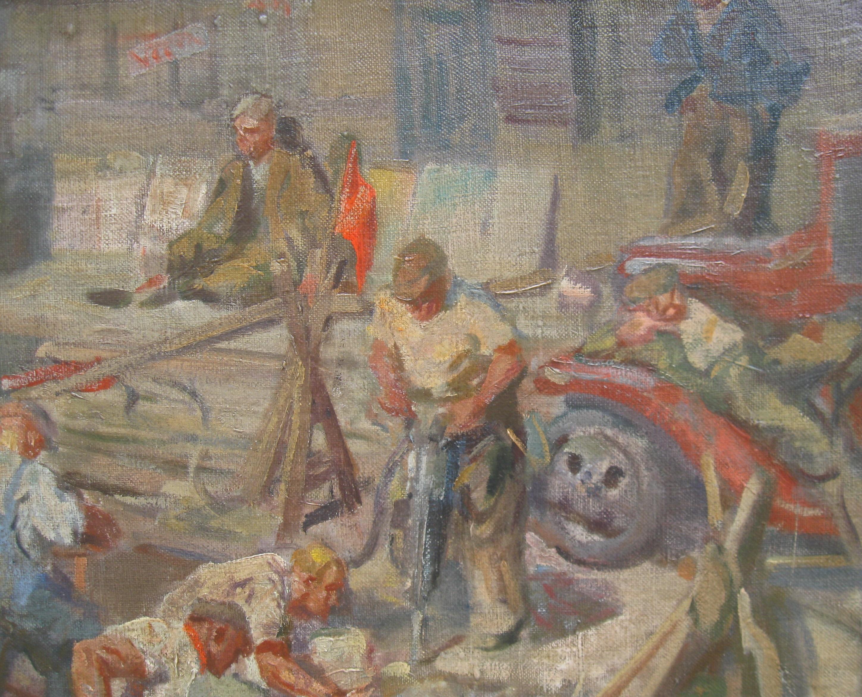 « Men at Work » (Les hommes au travail) de David R Buchanan, huile vers 1930 - Marron Figurative Painting par Unknown