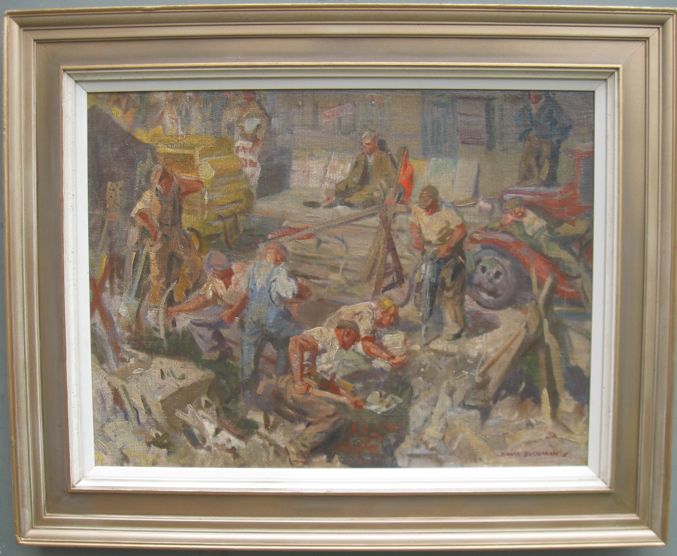 Unknown Figurative Painting – Ölgemälde „Men at Work“ von David R. Buchanan, um 1930