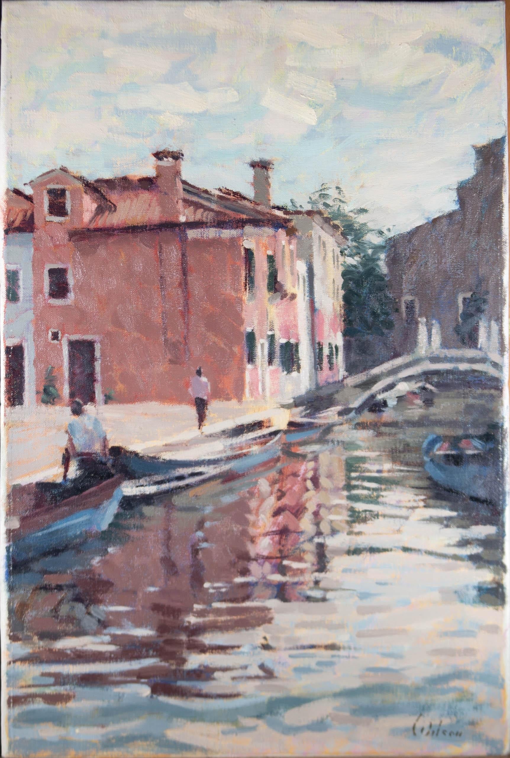 David Wilson (1919-2013) - Contemporary Oil, A Venetian Canal - Gray Landscape Painting by Unknown