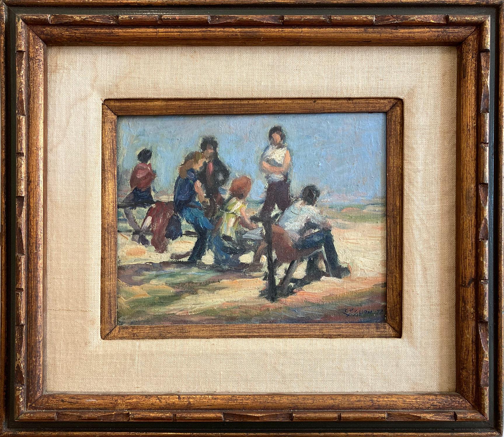 "Day at the Beach" Mid Century 20th Century Impressionistic Oil Painting 