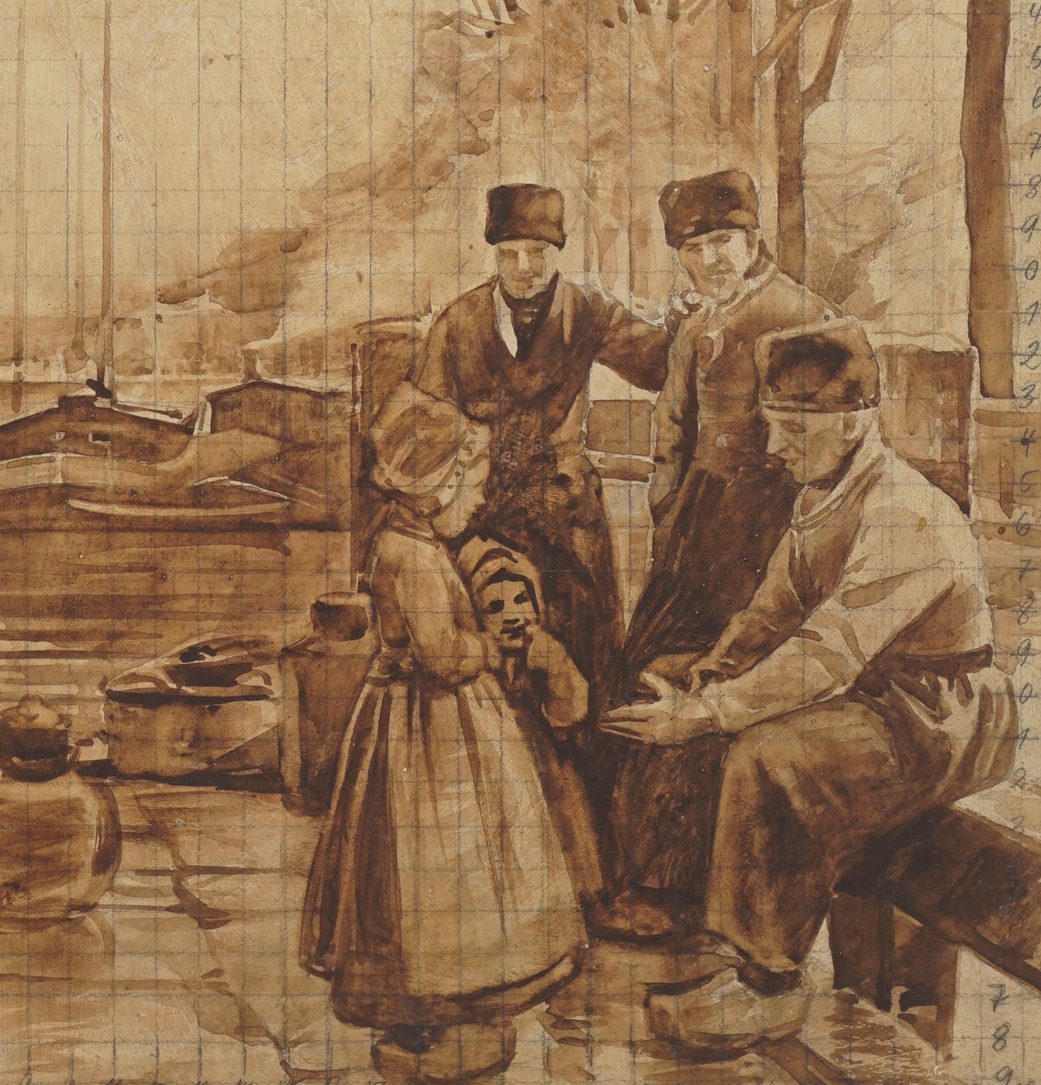 Paisaje figurativo holandés de mediados de siglo, boceto monocromo en acuarela - Painting Impresionista de Unknown