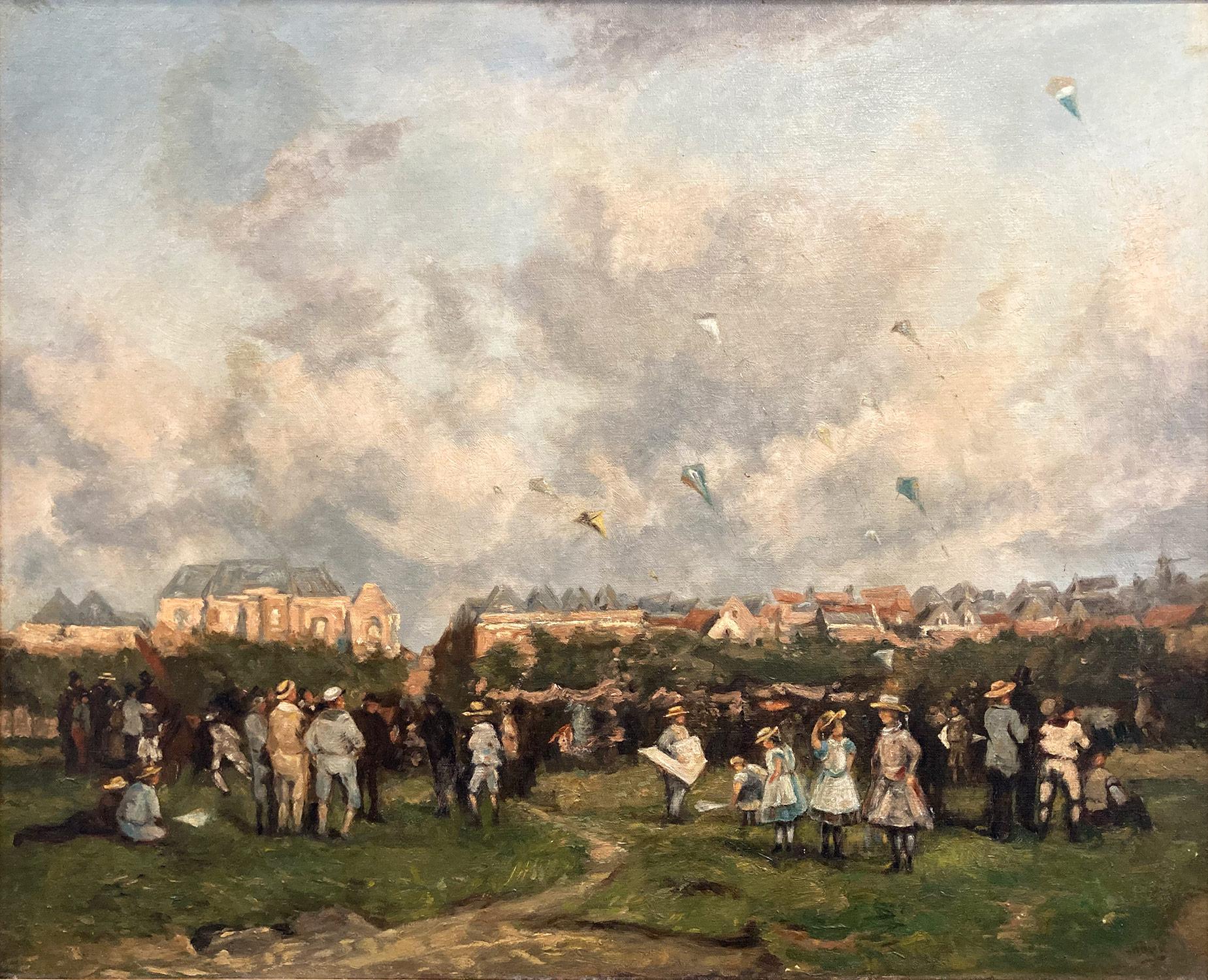 A masterful oil painting depicting a view of the British Country Side with figures flying kites on a spectacular day. A rich landscape depicting a typical 20th century scene from daily life, a peaceful emotion is felt through out. This piece is an